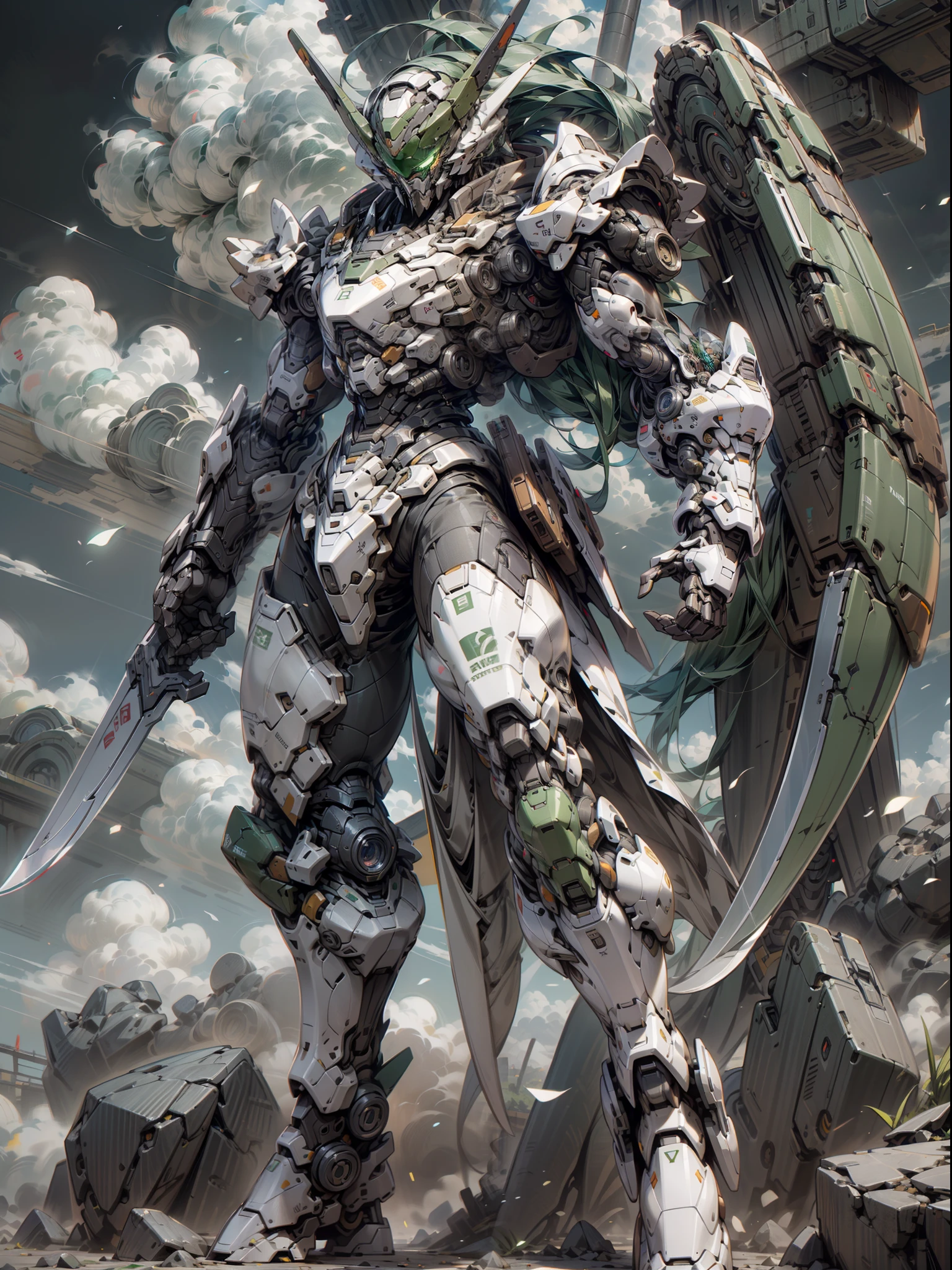 ((Best Quality)), ((Master Works)), (Very Detailed: 1.3), 8K, cool painting, full of sci-fi atmosphere, ghost mecha holding a two-meter long knife, super cool ghost mecha, with huge long knife, Fang Tian painting halberd, green dragon moon knife, green armor, wearing green mechanical armor, surrounded by smoke, glowing eyes, holding a super long knife, imposing walking, positive perspective, perfect body proportions, Gundam humanoid mecha, anime mecha aesthetics, perfect body proportions, heads-up perspective, Standing Pose, Military Giant Mech, Missiles, Rocks, Futuristic Technology, Realism, Clouds in the Sky, Dark Black War Background, Edge Light, Ray Tracing, Light Particle, NVIDIA Trtx, Super Resolution, Unreal 5, Subsurface Scattering, Specular and Albedo Map, Rule of Thirds, Large Aperture, Battle Stance, 8K Raw Data, High Efficiency Subpixels, Subpixel Convolution, Light Particles, Light Scattering, Tyndal Effect, Ray Tracing.