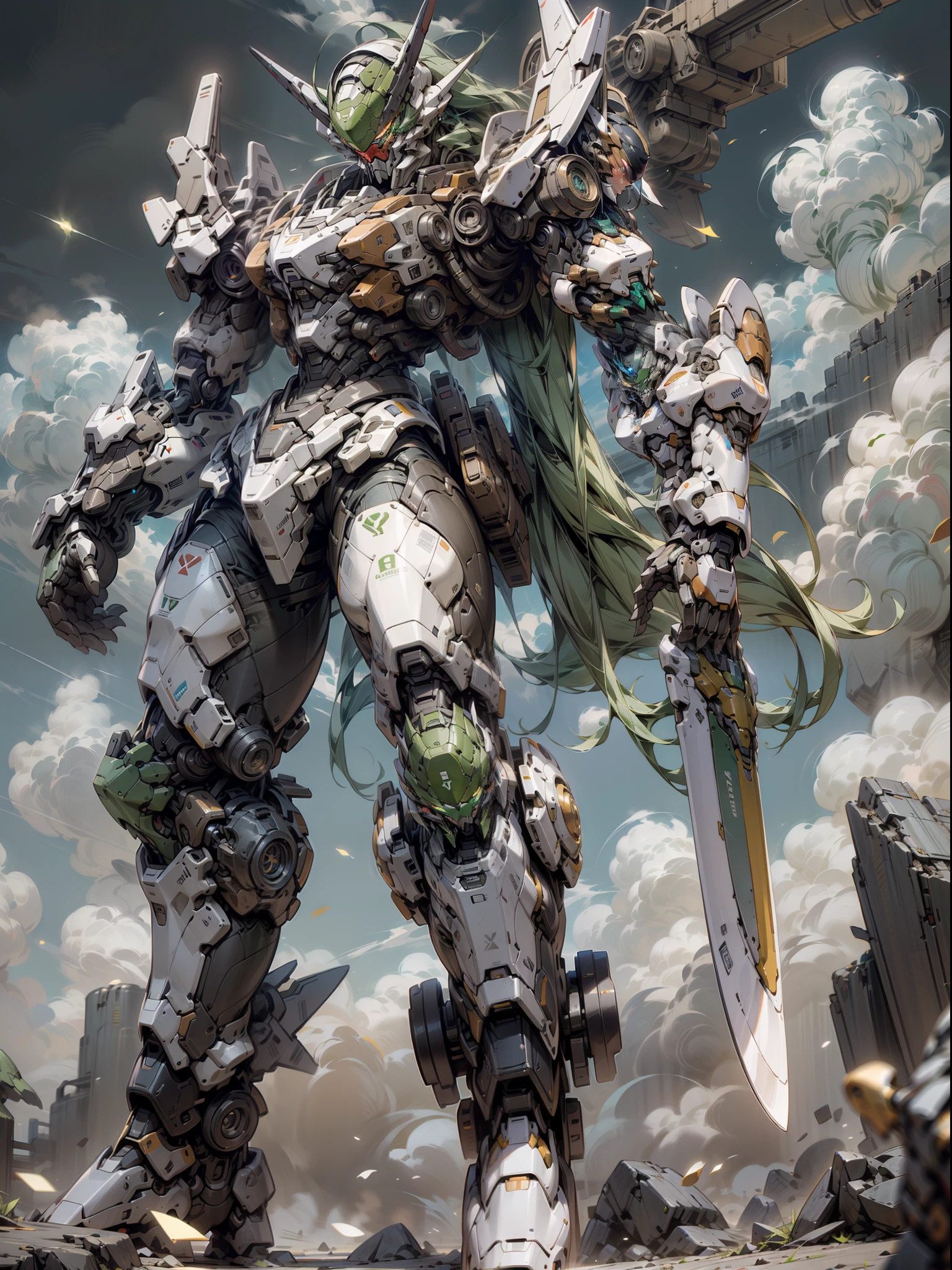 ((Best Quality)), ((Master Works)), (Very Detailed: 1.3), 8K, cool painting, full of sci-fi atmosphere, ghost mecha holding a two-meter long knife, super cool ghost mecha, with huge long knife, Fang Tian painting halberd, green dragon moon knife, green armor, wearing green mechanical armor, surrounded by smoke, glowing eyes, holding a super long knife, imposing walking, positive perspective, perfect body proportions, Gundam humanoid mecha, anime mecha aesthetics, perfect body proportions, heads-up perspective, Standing Pose, Military Giant Mech, Missiles, Rocks, Futuristic Technology, Realism, Clouds in the Sky, Dark Black War Background, Edge Light, Ray Tracing, Light Particle, NVIDIA Trtx, Super Resolution, Unreal 5, Subsurface Scattering, Specular and Albedo Map, Rule of Thirds, Large Aperture, Battle Stance, 8K Raw Data, High Efficiency Subpixels, Subpixel Convolution, Light Particles, Light Scattering, Tyndal Effect, Ray Tracing.