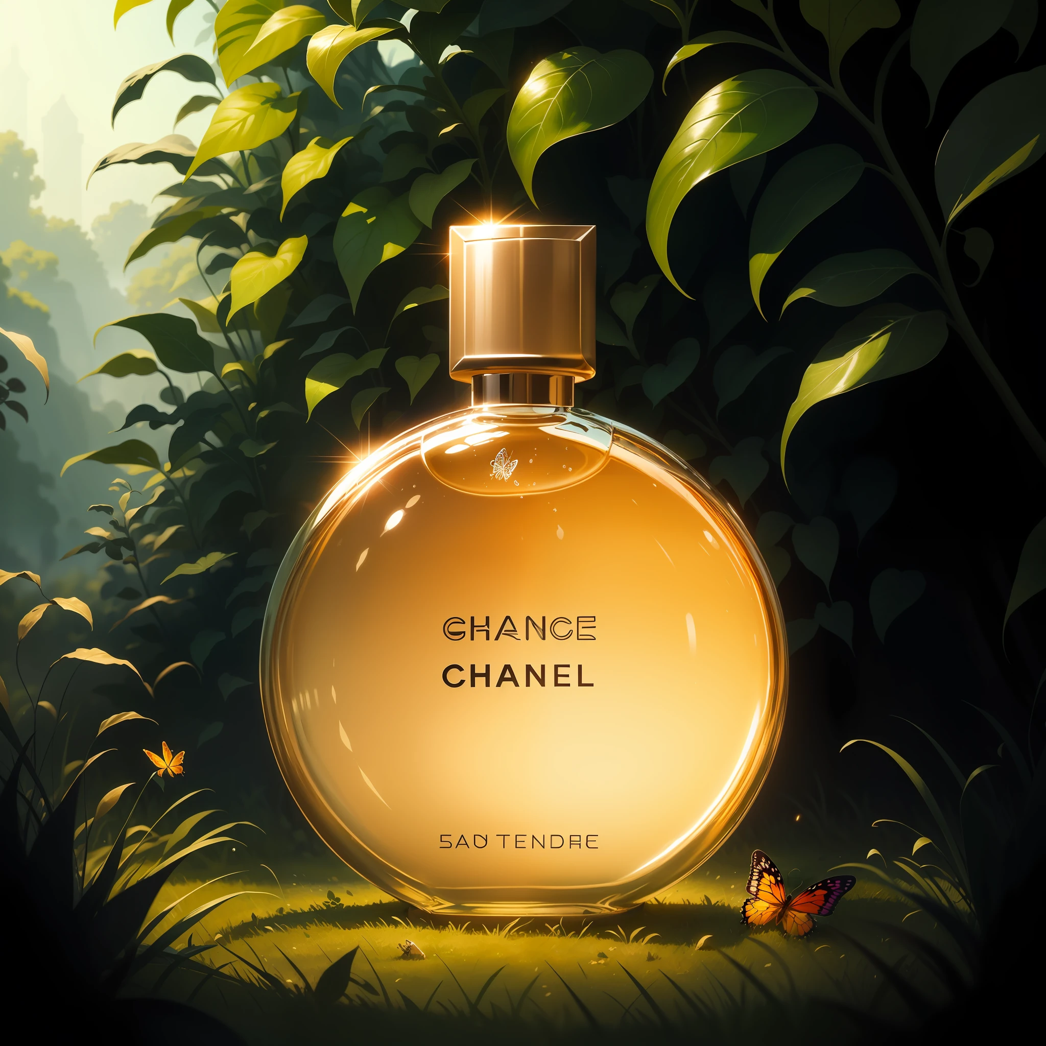 (Masterpiece, Best Quality: 1.2), (Ultra Detailed), (Illustration), Wallpaper, Original, Round Bottom Flask, Grass, Vine, Water, Butterfly, Nature, Shiny, Surrounded by Light, A Perfume Product, RPG Style, Cartoon, Fantasy, Mobile Game, (Shiny)