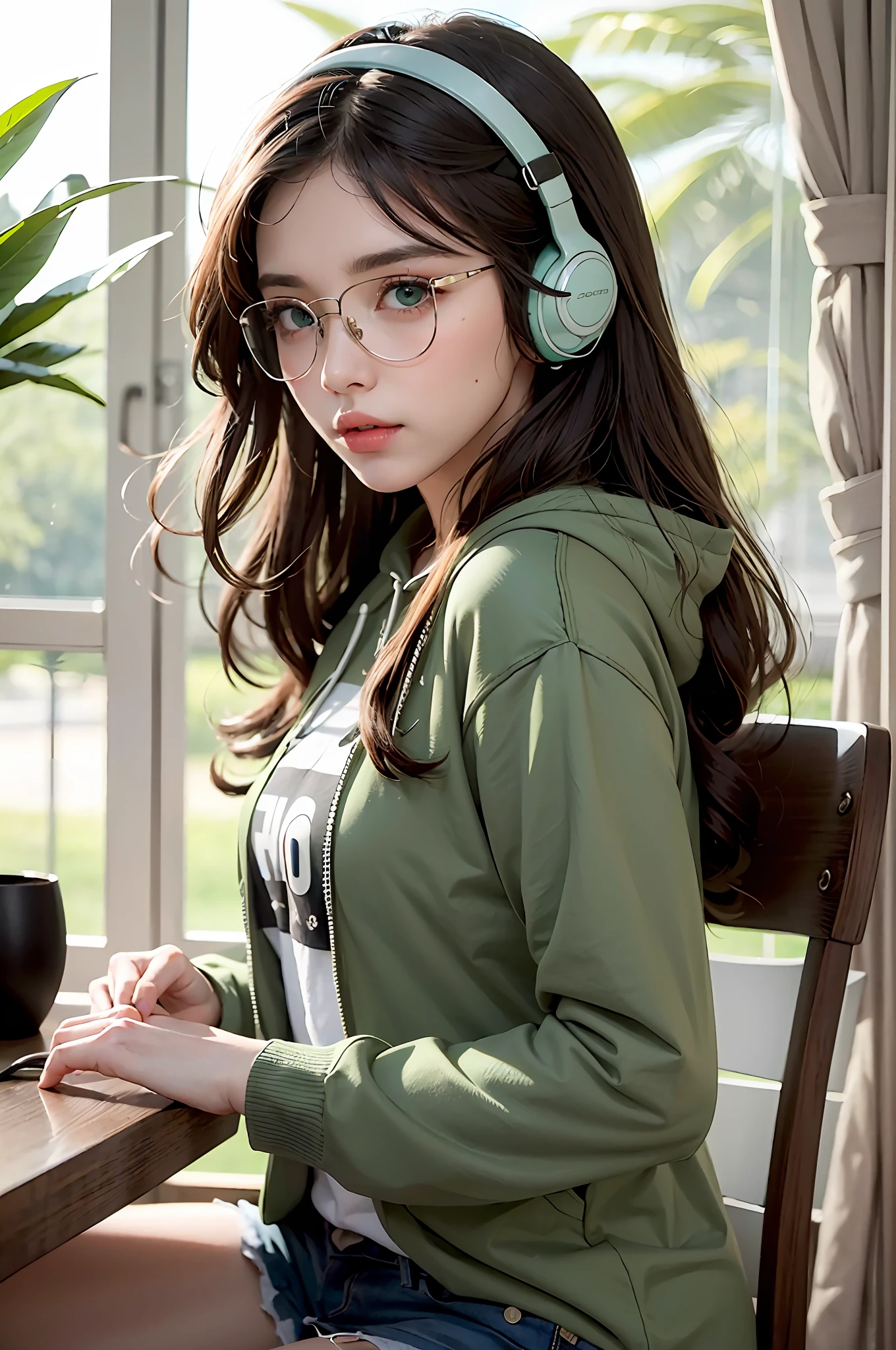 Beautiful woman, long hair, headphones, green eyes, glasses, green hoodie, room, detailed eyes,