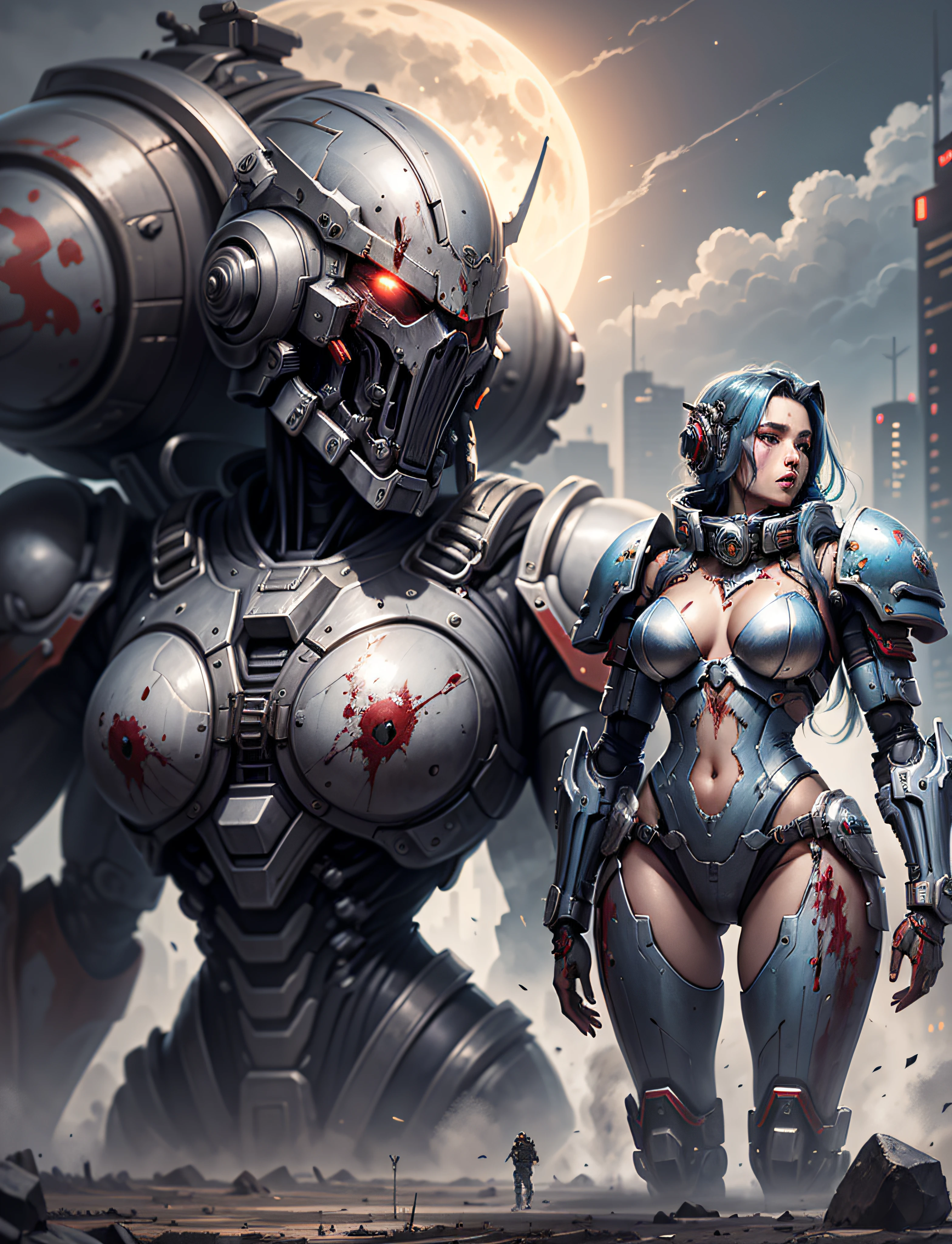 Space marine, harhammer 40,000, world at war, beautiful cyberpunk woman with very detailed mecha treatment, vibrant colors, metallic red, dirty with blood, with sky with clouds and full moon and battleships, whole body with detailed armor, bloody battlefield,