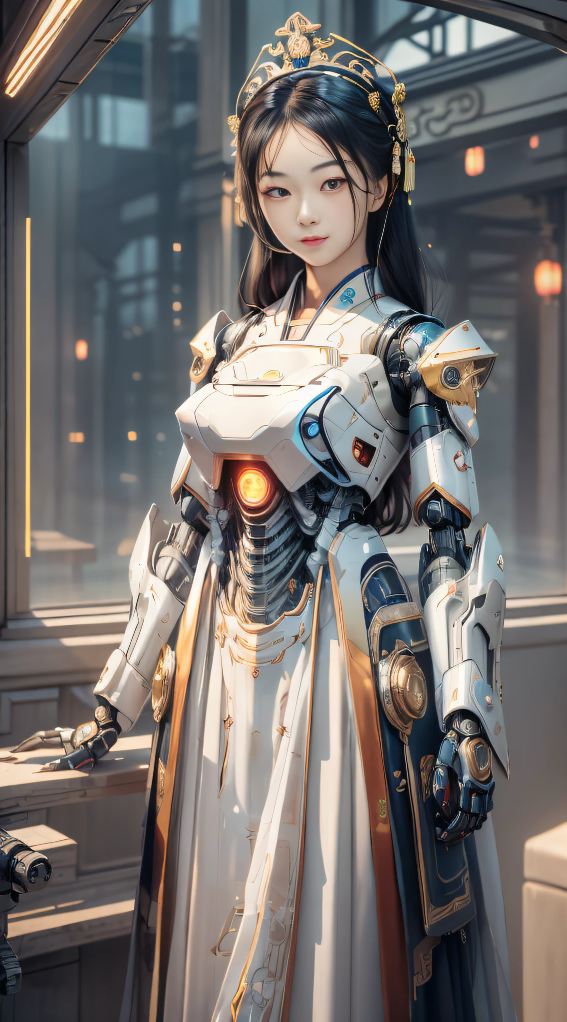 A girl looking at the audience, black hair, Chinese girl, headdress, Chinese hair ornament, perfect eyes, (eyes with correct proportions: 1), (Hanfu: 1.1), (mecha: 1.3), robotic arm, (magic: 1), front, magic elements, (full body: 1.5), (Simple background: 1.1), bright background, futuristic, first-person view, pov, panorama, ultra hd, masterpiece, accurate, anatomically correct, high detail, (best quality: 1.5), high resolution, 8k, perfect face proportions, upright body, beautiful eyes, perfect face, detailed face, elegant, technology screen, interior scene, glass window, building outside the window, luminous screen building, future city,