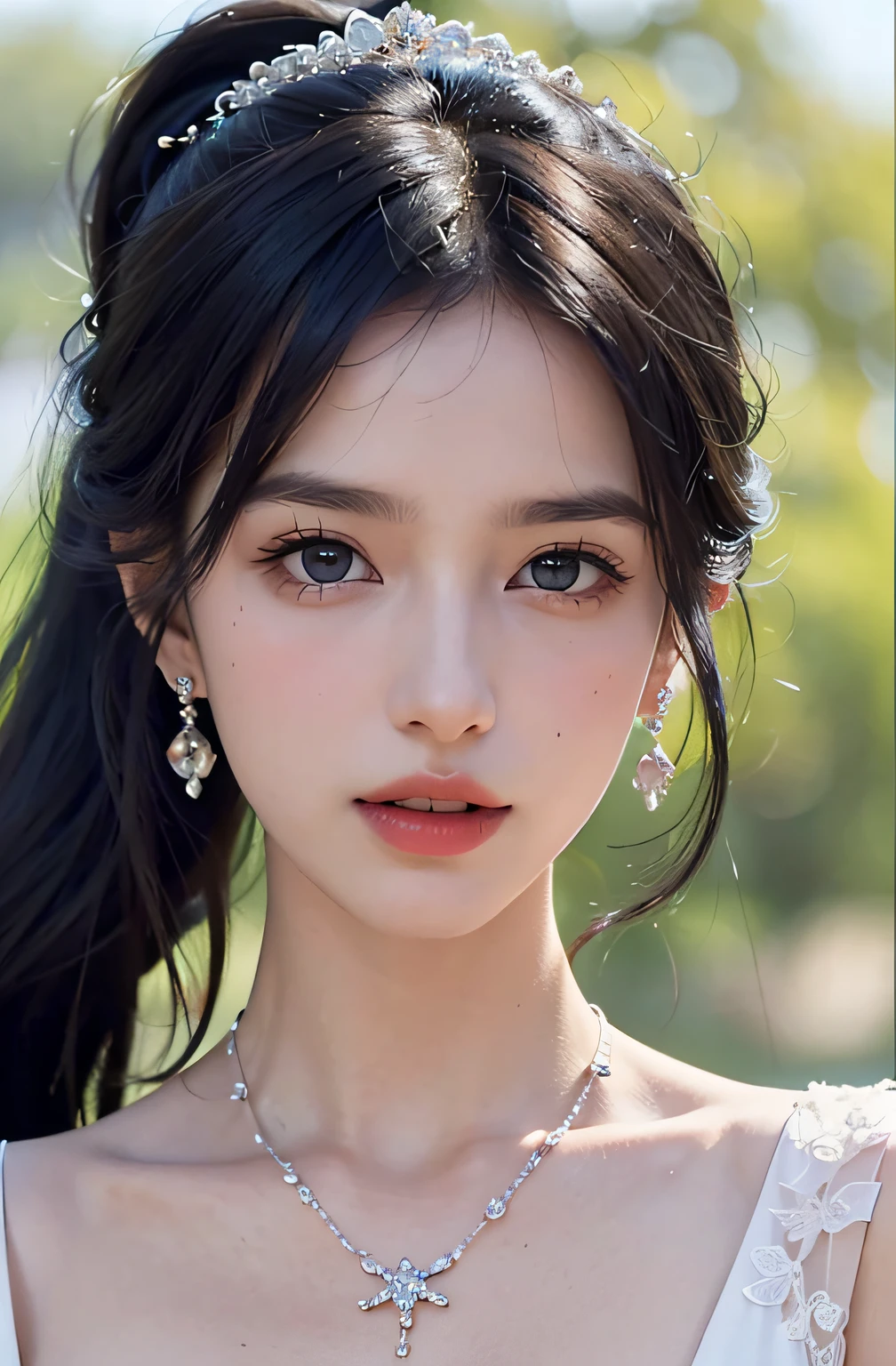 (((Adilin, wearing glass, black hair)), random posture, (very delicate and beautiful work), (masterpiece), 1girl, very detailed elegant wedding dress, tiara, very detailed, ponytail distortion, attractive look, beautiful clear eyes, green eye pupils, delicate necklace, delicate earrings, simple blurred background, description of extreme details, beautiful, attractive, Ultra-fine painting, delicate face, delicate figure, thin collarbone, lovely lips, soft-behind, mix4, (8k, RAW photo, top quality, masterpiece: 1.2), (realistic, photorealistic: 1.37)