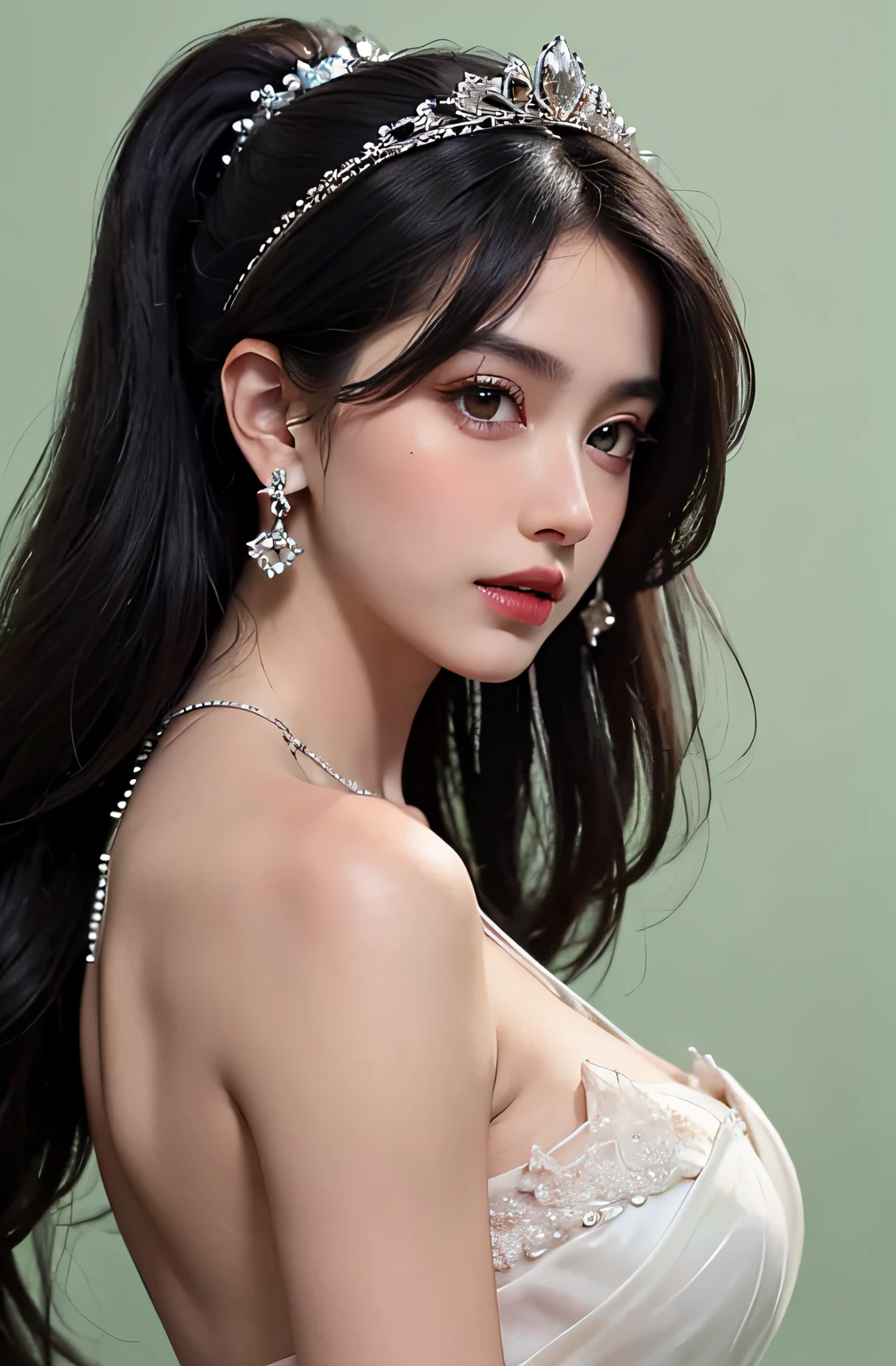 (((Adilin, wearing glass, black hair)), random posture, (very delicate and beautiful work), (masterpiece), 1girl, very detailed elegant wedding dress, tiara, very detailed, ponytail distortion, attractive look, beautiful clear eyes, green eye pupils, delicate necklace, delicate earrings, simple blurred background, description of extreme details, beautiful, attractive, Ultra-fine painting, delicate face, delicate figure, thin collarbone, lovely lips, soft-behind, mix4, (8k, RAW photo, top quality, masterpiece: 1.2), (realistic, photorealistic: 1.37)