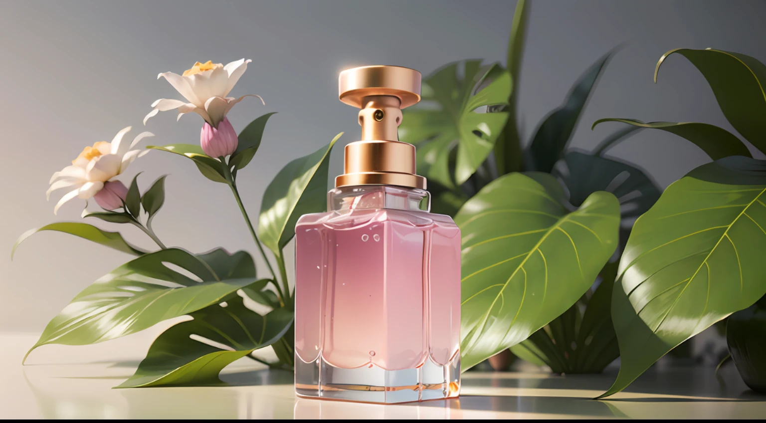 White glass bottle perfume, simple background, pink plants, medium and long lens, depth of field, C4D rendering --auto