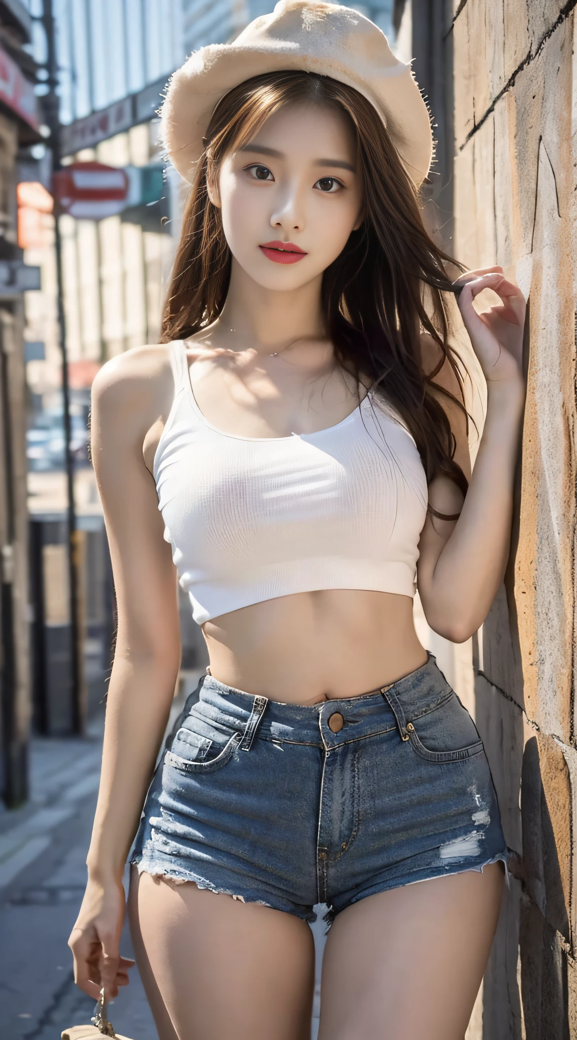 ((Best Quality, 8K, Masterpiece: 1.3)), (Flower Cap: 1.3), Focus: 1.2, Perfect Body Beauty: 1.4, Buttocks: 1.2, (Layered Haircut: 1.2)), (Dark Street: 1.3), Highly Detailed Face and Skin Texture, Full Body, Delicate Eyes, Double Eyelids, Whitened Skin, Long Hair, (Round Face: 1.5), (Loose Crop Top, Shorts: 1.6)