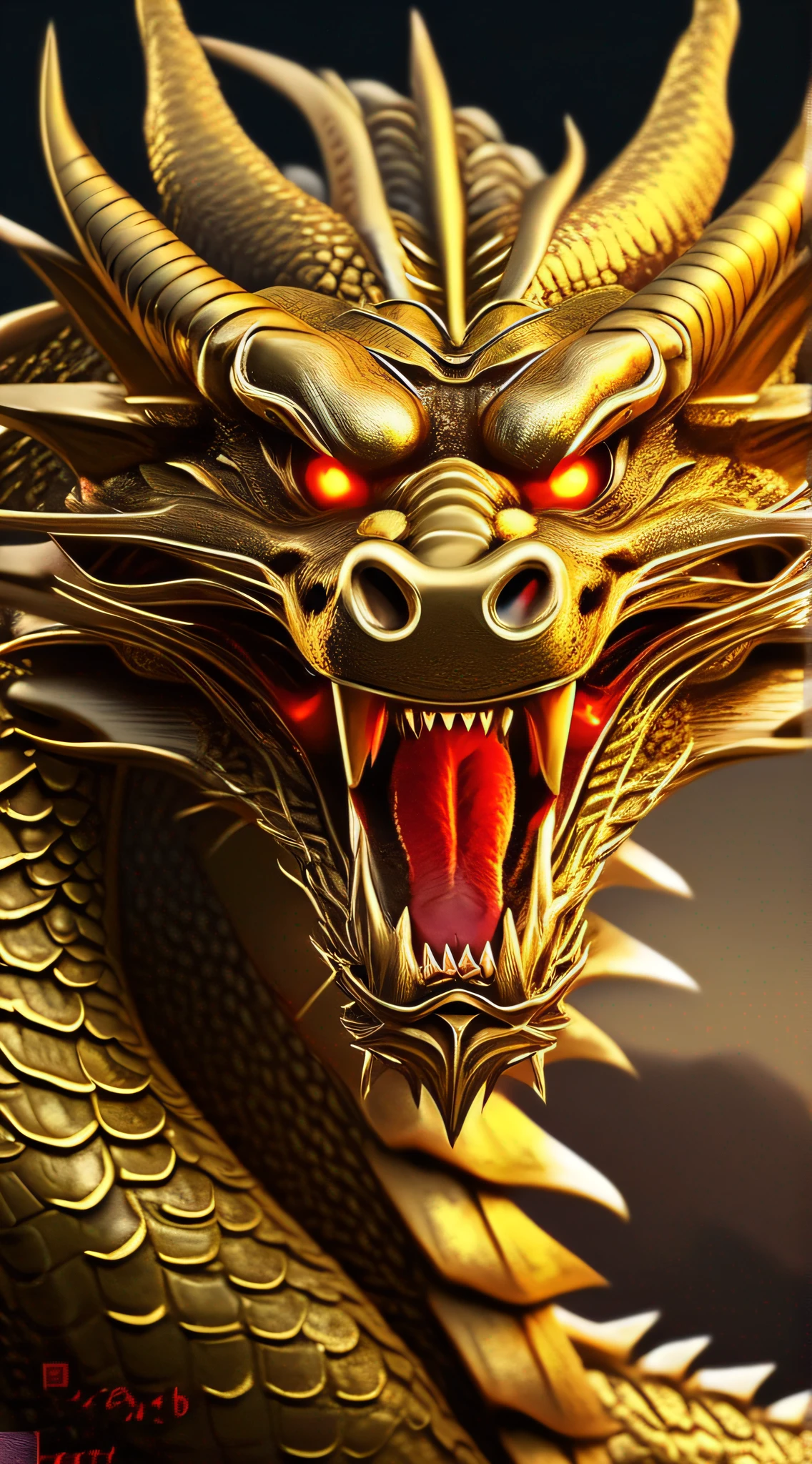 A golden Chinese dragon, mighty and domineering, five-clawed golden dragon, slender dragon whiskers, red eyes glowing with sharp dragon teeth, perfect close-up of the dragon head, coiled dragon, front face centered, full body golden dragon scales, flying dragon in the sky, full body photo, far view, complex details, super fine picture, super realistic, 8K,