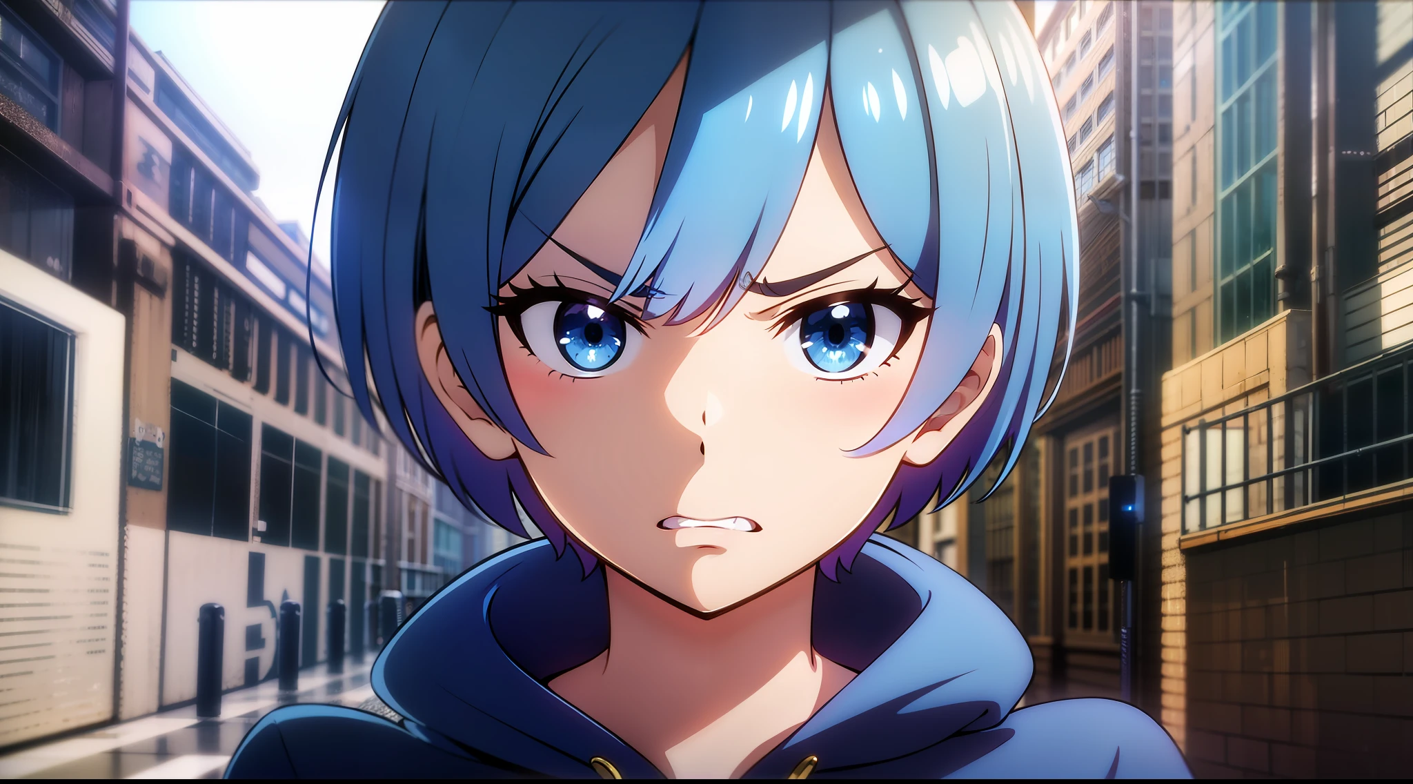 Masterpiece, rem rezero, short hair, blue eyes, angry face, blue hoodie, in the middle of the street, close up, portrait,