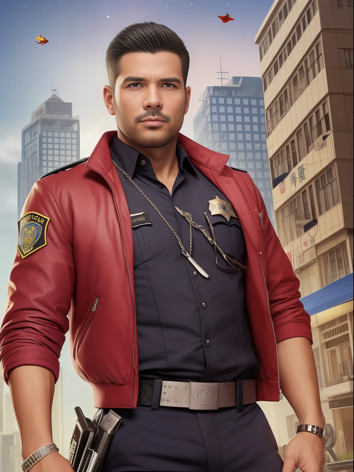 (Masterpiece) Extremely high-quality, ultra-detailed illustrations, ultra-high resolution, showing a handsome mature male 35 year old human hong kong policeman with muscular body, short hair and under-trimmed stubble, wearing a jacket, Surreal and charming. Police is a Magic the Gathering player. There are many magical cards floating in the air around the police, and a red dragon flies over the city in the background.