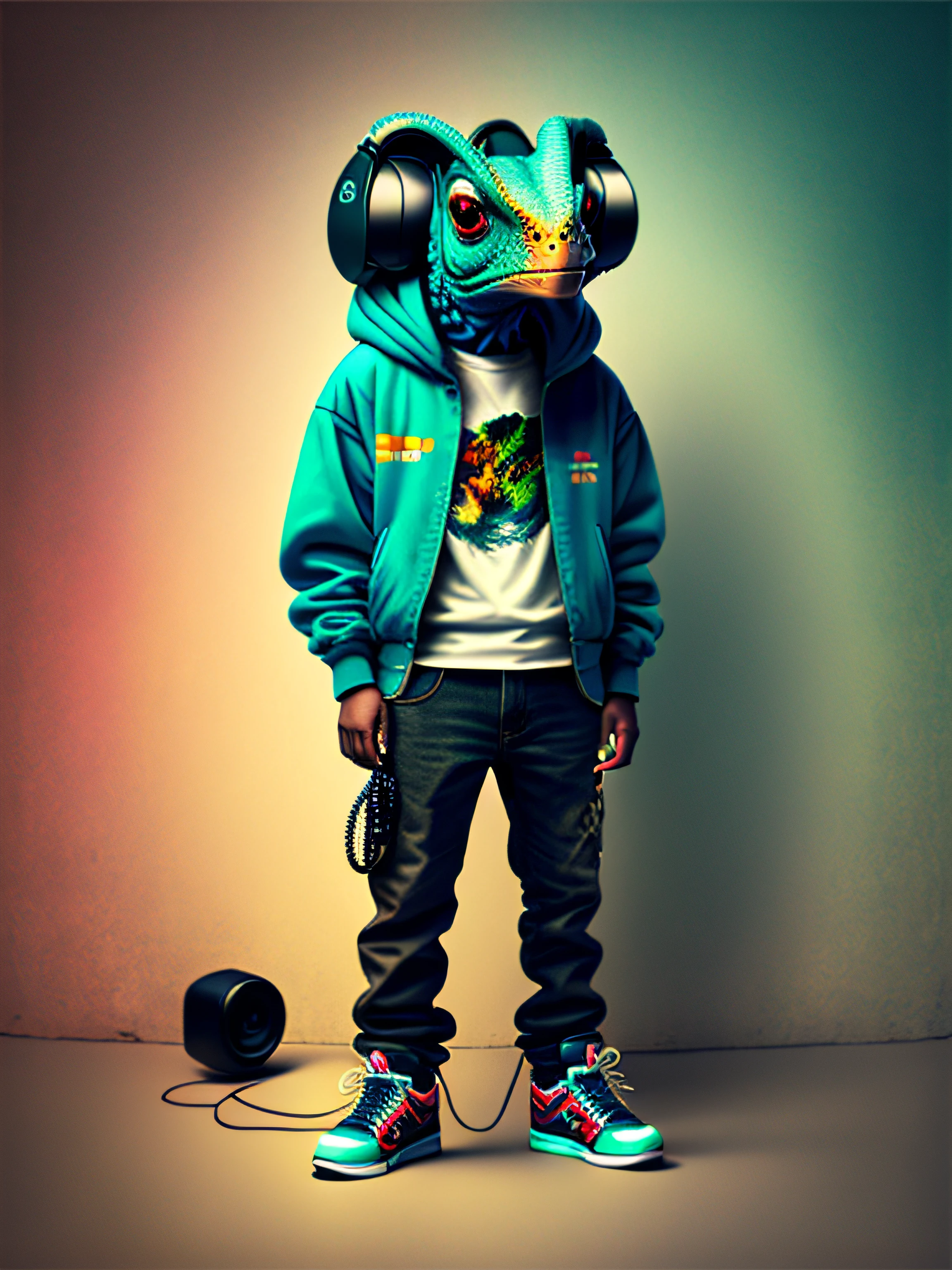 Image of a chameleon standing, wearing hip-hop style clothes, speakers, 90s style
