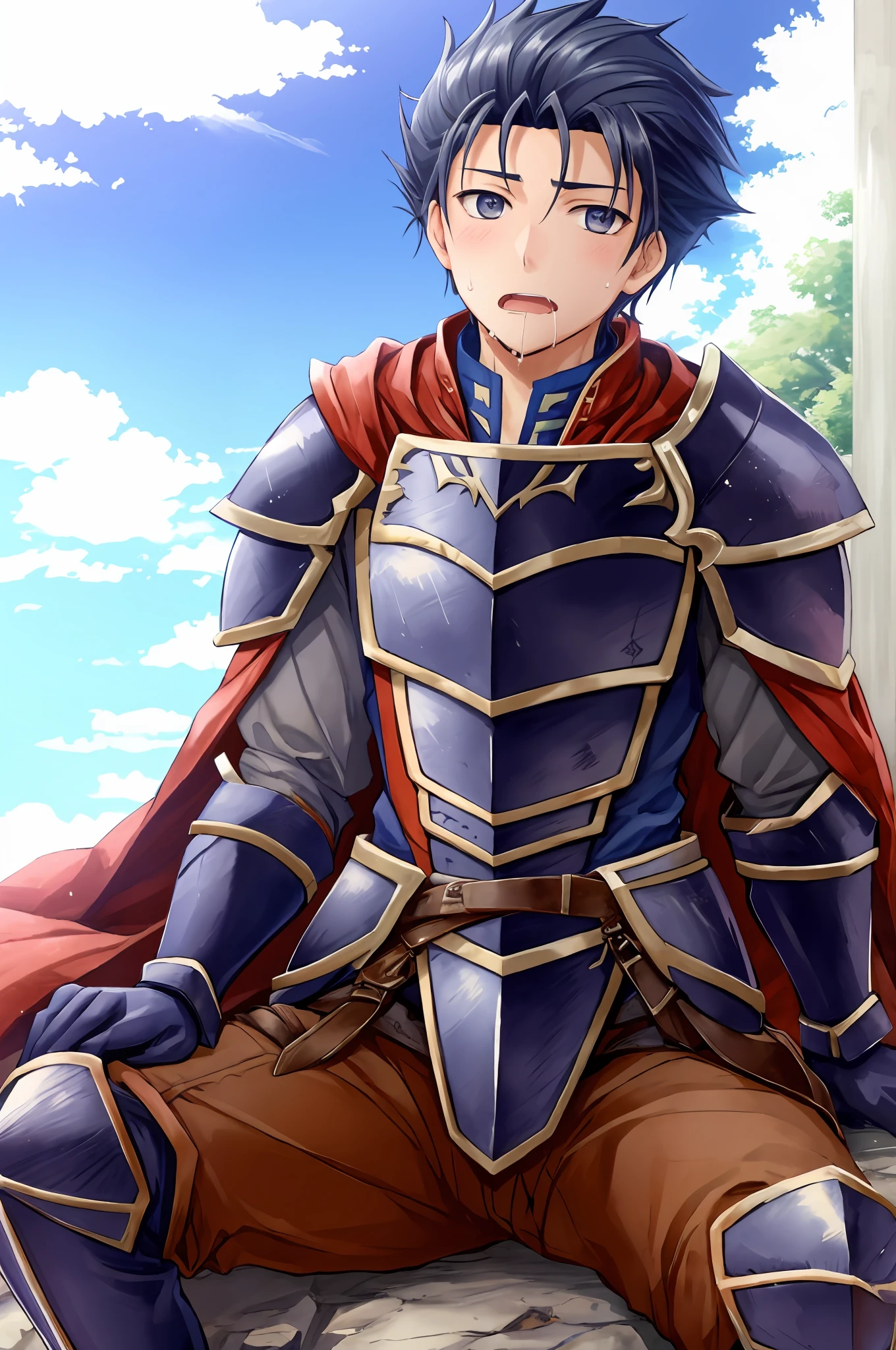 Hector Fey, Ultra High Quality CG, Solo, View from Underneath, Open Mouth, Sweaty, Wet, Drooling, Gloves, 1boy, Crotch Close-up, Crotch View, (sitting) straddling, Split legs, male focus, sky, clouds, cape, armor
