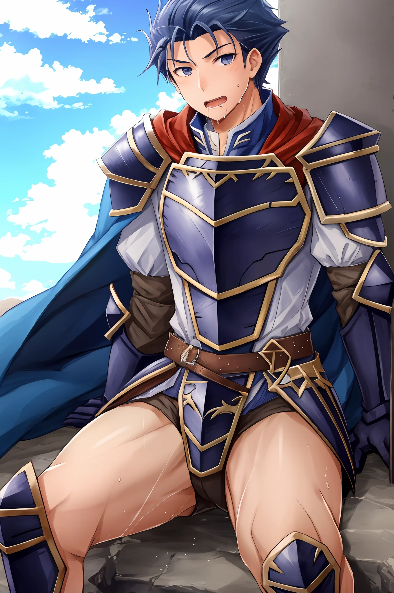 Hector Fey, Ultra High Quality CG, Solo, View from Underneath, Open Mouth, Sweaty, Wet, Drooling, Gloves, 1boy, Crotch Close-up, Crotch View, (sitting) straddling, Split legs, male focus, sky, clouds, cape, armor
