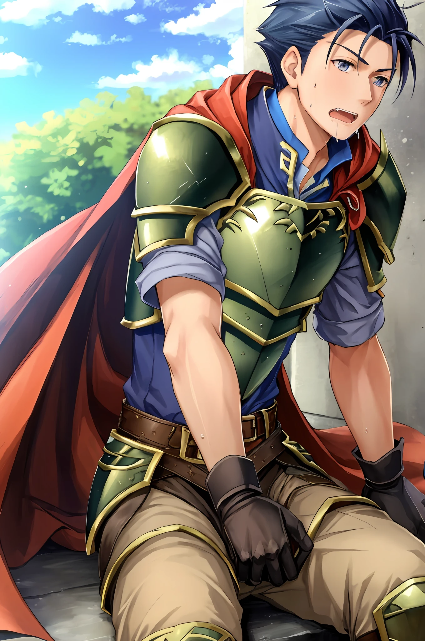 Hector Fey, Ultra High Quality CG, Solo, View from Underneath, Open Mouth, Sweaty, Wet, Drooling, Gloves, 1boy, Crotch Close-up, Crotch View, (sitting) straddling, Split legs, male focus, sky, clouds, cape, armor