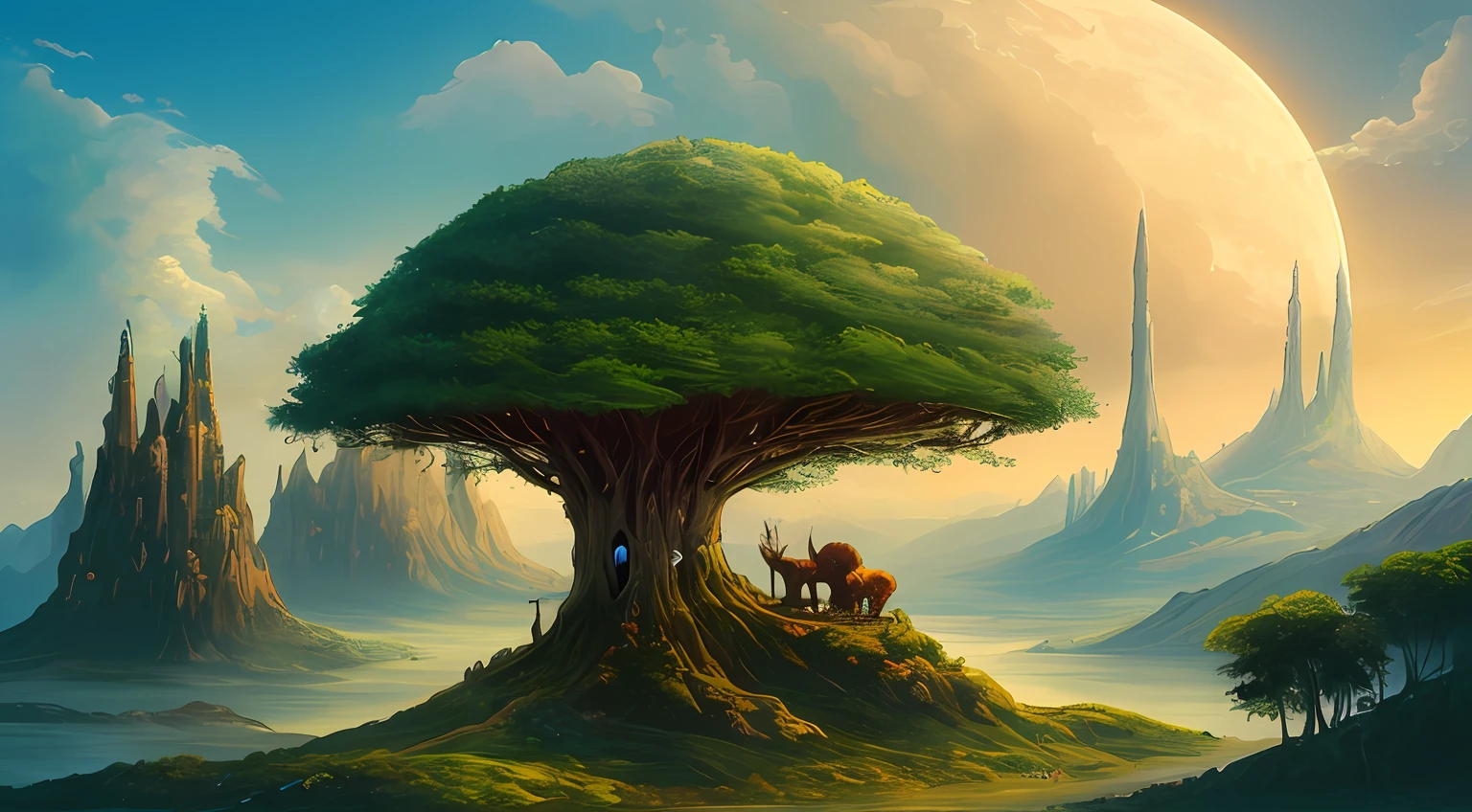A mysterious and epic landscape featuring fantastic and surreal world of floating islands, giant trees and mythical creatures, beneath the giant trees mythical animals and plants, stars in the sky, giant star planets, transporting the viewer to a world full of imagination and wonder, artstation, digital art, intricate, pop, bright colors