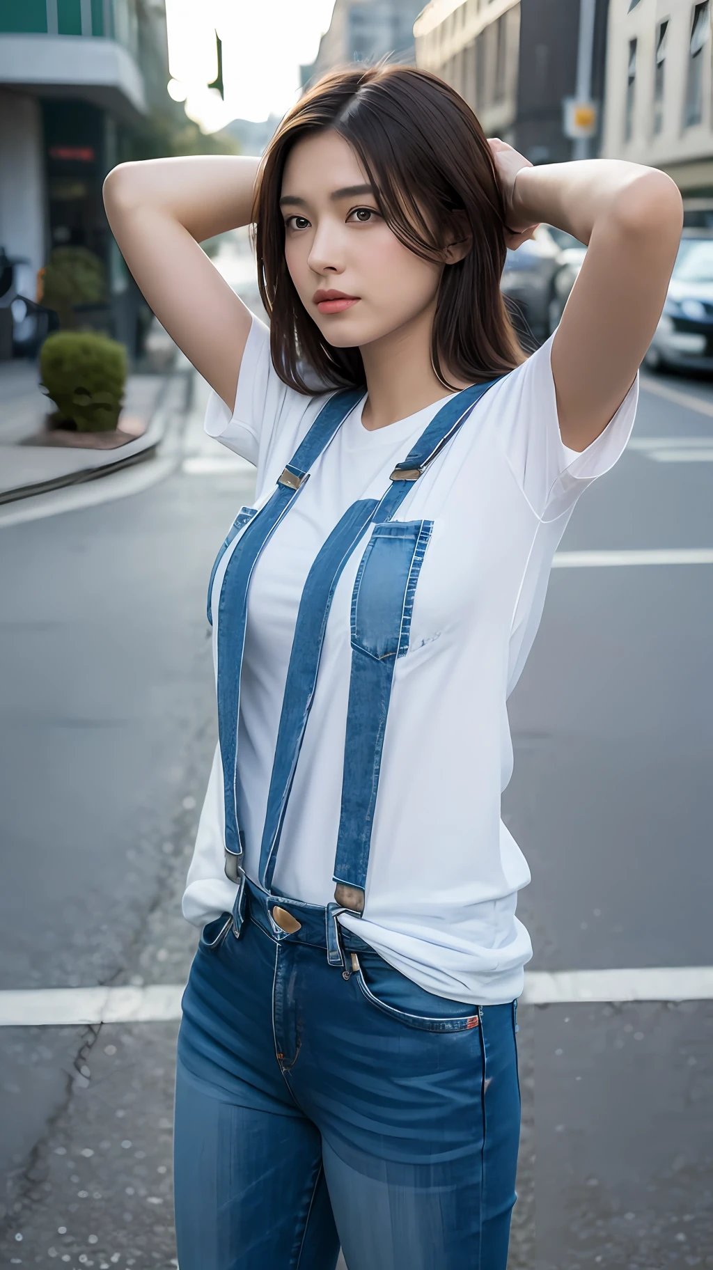 ((Midnight, Premium, 8K, Masterpiece:1.3)), Full body, Long legs, Focal length: 1.2, Perfect Body Beauty: 1.4, Slim Abs: 1.1, ((Dark Brown Hair, Big Breasts: 1.2 )), (White Skinny T-shirt, Denim Suspenders, Standing: 1.2), ((City Night, Bridge: 1.3)), Highly detailed face and skin texture, Detailed eyes, Double eyelids (((hands in pockets or hands on top of the head)))