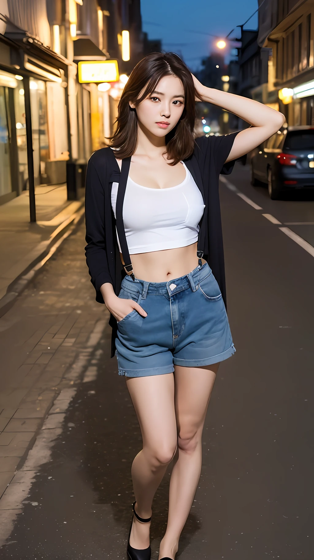 ((Midnight, Premium, 8K, Masterpiece:1.3)), Full body, Long legs, Focal length: 1.2, Perfect Body Beauty: 1.4, Slim Abs: 1.1, ((Dark Brown Hair, Big Breasts: 1.2 )), (White Skinny T-shirt, Denim Suspenders, Standing: 1.2), ((City Night, Bridge: 1.3)), Highly detailed face and skin texture, Detailed eyes, Double eyelids (((hands in pockets or hands on top of the head)))