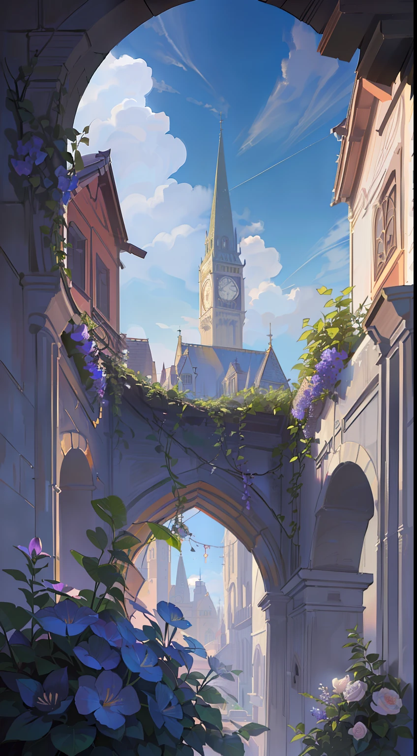 European medieval architecture, cool colors, bluish and gray tones, front composition, top light, in a hanging garden hollowed out on all sides, above there are hanging wisteria flowers, meadows, rosebeds, flowers with butterflies in the distance can see the sky blank clouds, sky corridor, sky garden, open balcony, flower beds, green flowers, clouds, European style large floor-to-ceiling windows, gold-rimmed glass stained windows, medieval retro curved dome with transparent windows, golden clock, starlight, White marble floor (blingbling: 1.3), seven-colored glazed windows, tall white gold-rimmed pillars with intricate patterns, pillars hung with illuminated gold-rimmed lamps, steam age, alchemist magic laboratory background, anime background art, detailed depiction, exquisite texture, ultra-fine quality pictures
