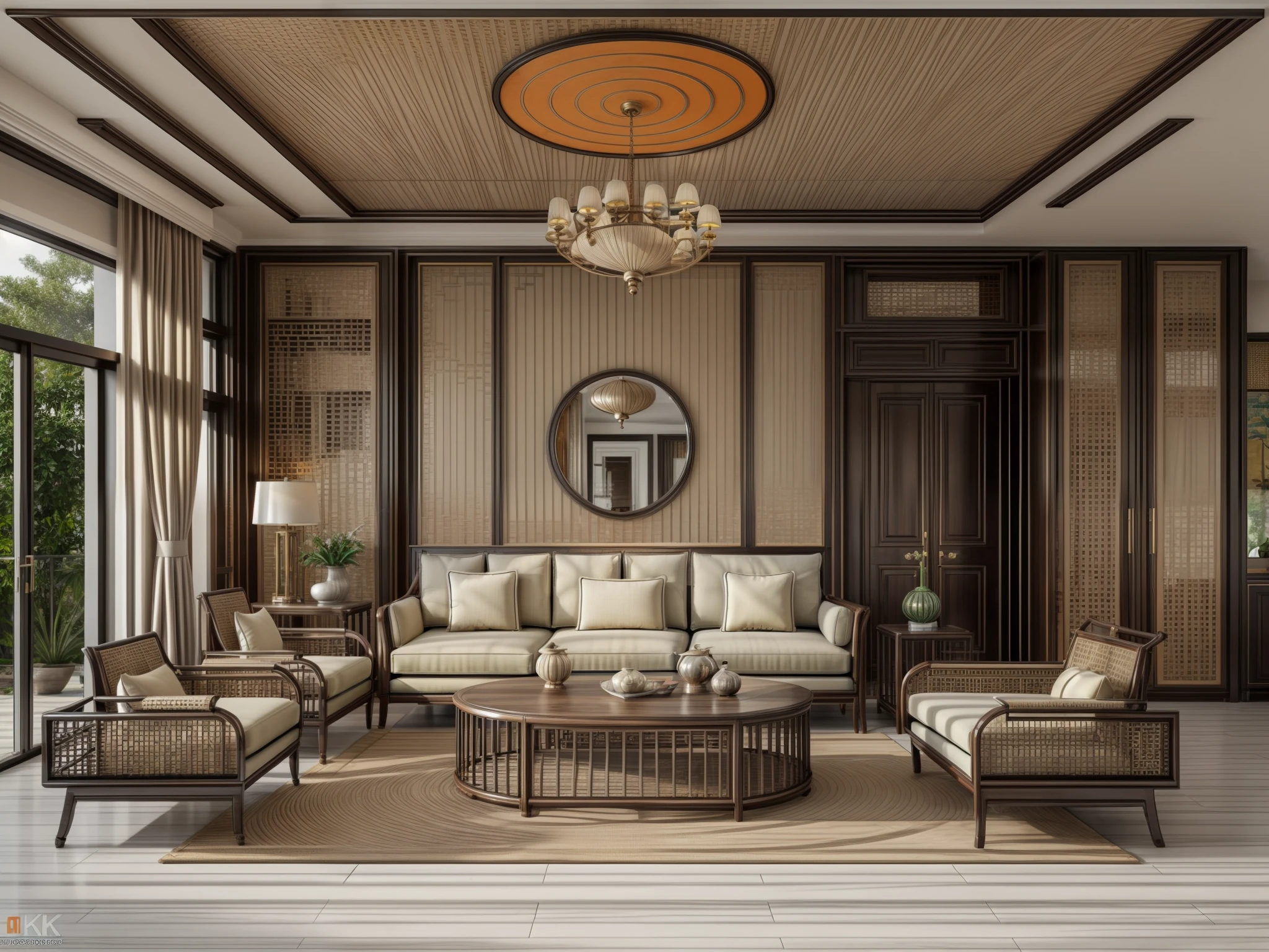 (indochina design LIVINGROOM:1.3), (photo realistic:1.2), (supper detail:1.2),1bed, 1 chair, classical chinese style pattern for the wall, 1 classic altar, 2 indochina chair, indochina style of cabinet, orange wall, indoor, (blackken wood :.1), indochina panel door indoor, (The ceiling is made from woven rattan sheets and lintels), daylight, Unreal Engineer 8K, full HD 8K