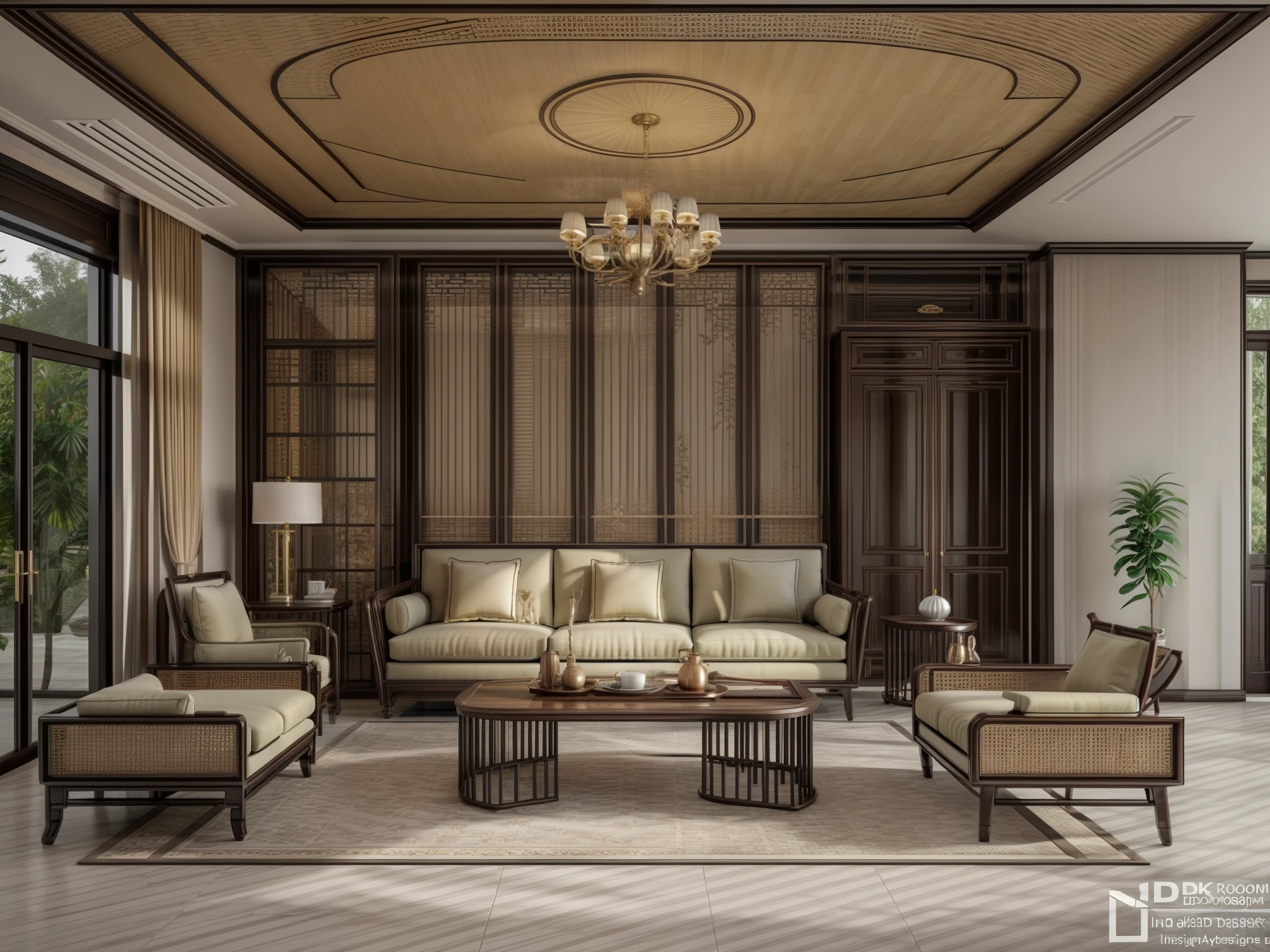 (indochina design LIVINGROOM:1.3), (photo realistic:1.2), (supper detail:1.2),1bed, 1 chair, classical chinese style pattern for the wall, 1 classic altar, 2 indochina chair, indochina style of cabinet, orange wall, indoor, (blackken wood :.1), indochina panel door indoor, (The ceiling is made from woven rattan sheets and lintels), daylight, Unreal Engineer 8K, full HD 8K