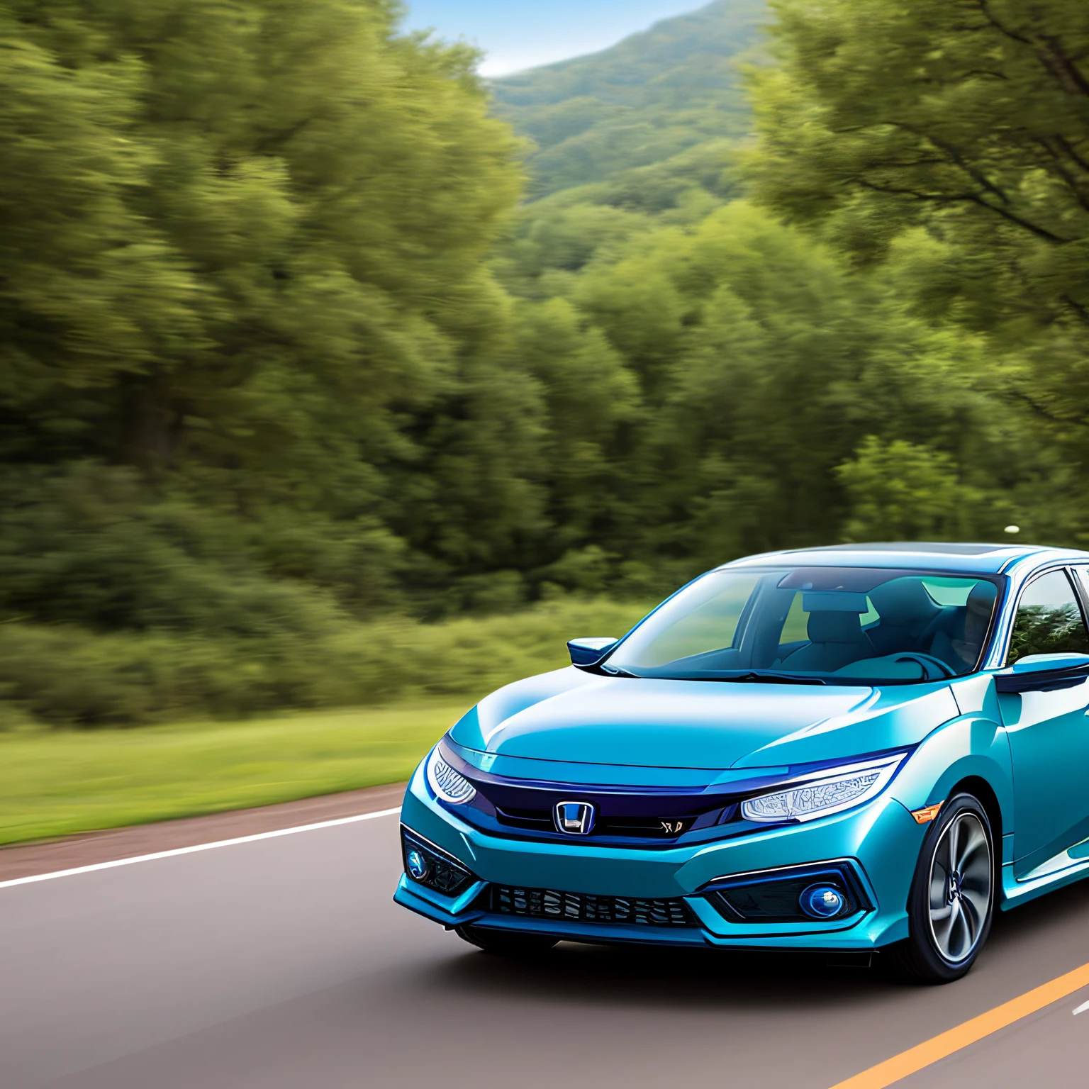 arafed view of a blue honda civic car driving down a road, scenic full shot, hydrogen fuel cell vehicle, a wide full shot, honda civic, postprocessed, hyper realistic ”, hyper realistic”, car shot, promo shot, in a scenic background, portrait shot, a wide shot, photorealistic ”, photorealistic”, promo photo, photo - shot --auto
