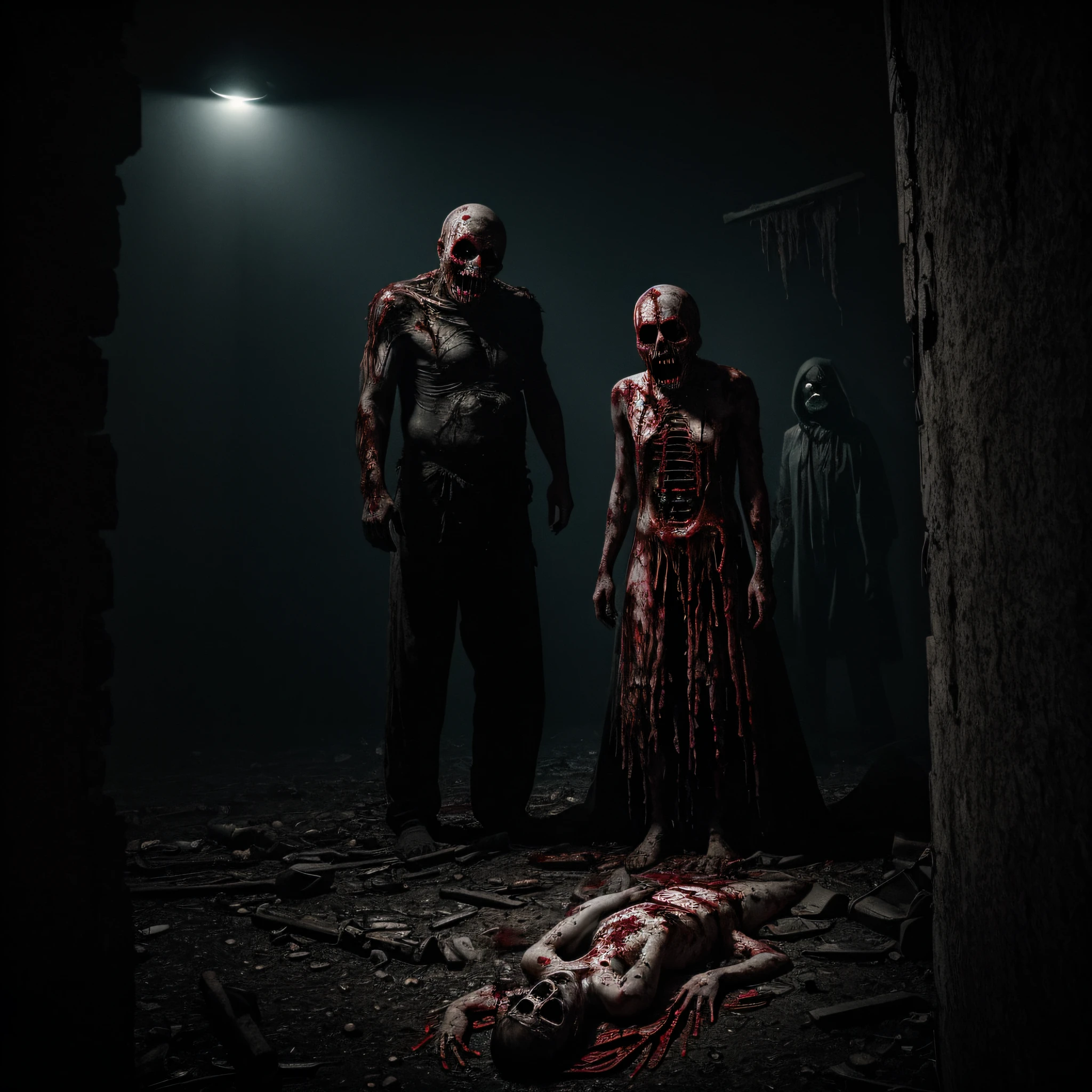 A terrifying image of a bloody nightmare that provokes discomfort and disgust. Disturbing and grotesque scenes with a profusion of blood, disfigured bodies and shocking mutilations dominate a composition. The environment is filled with darkness, eerie shadows, and an atmosphere of intense dread, creating a visually disturbing and chilling experience.