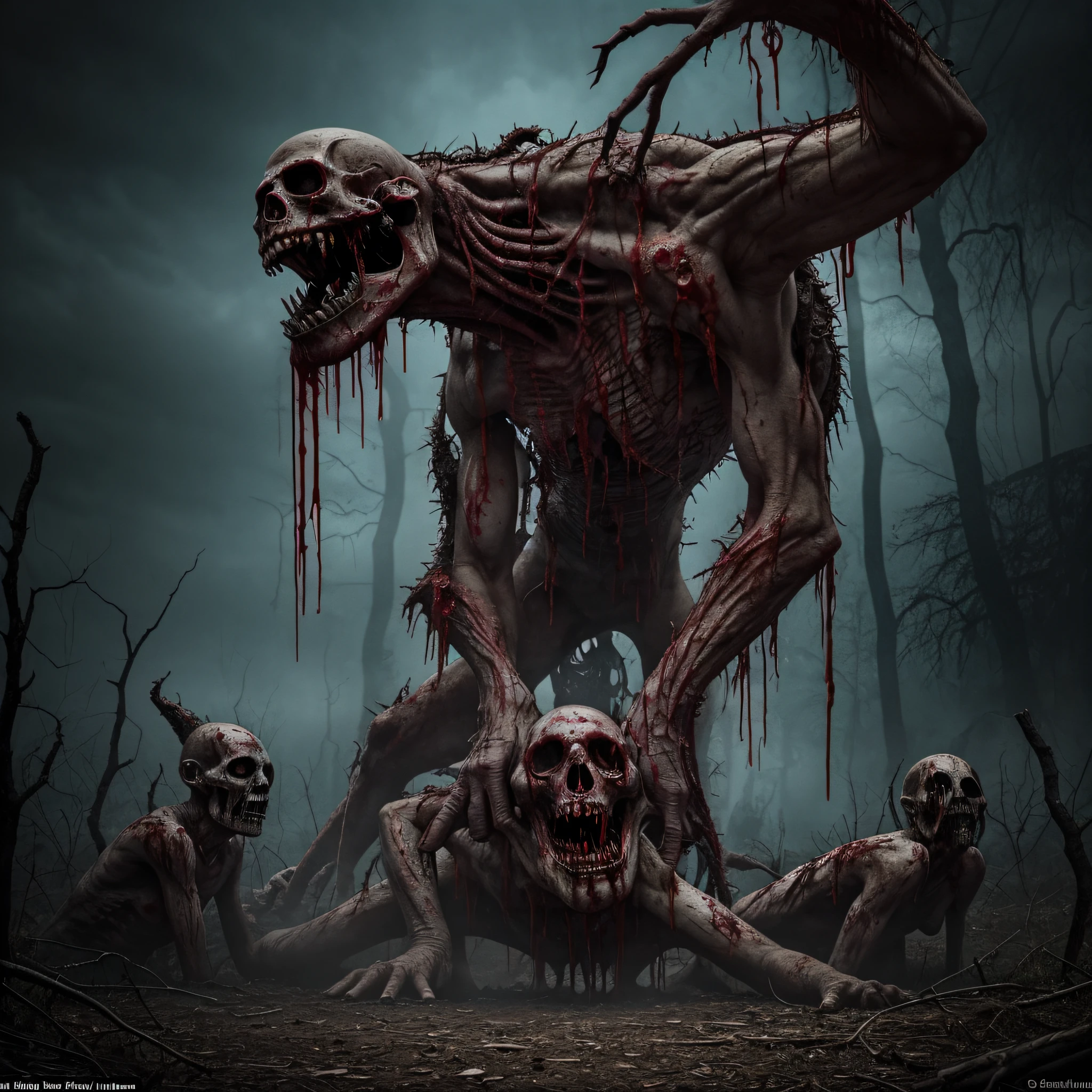 A haunting image that depicts macabre and bloody abominations. Deformed and monstrous creatures, with twisted limbs and distorted physiognomies, are the highlight of this horrifying composition. The environment around them is suffused with blood, exposed viscera and an atmosphere of inescapable terror. This image plunges viewers into a world of nightmares and unspeakable horrors.