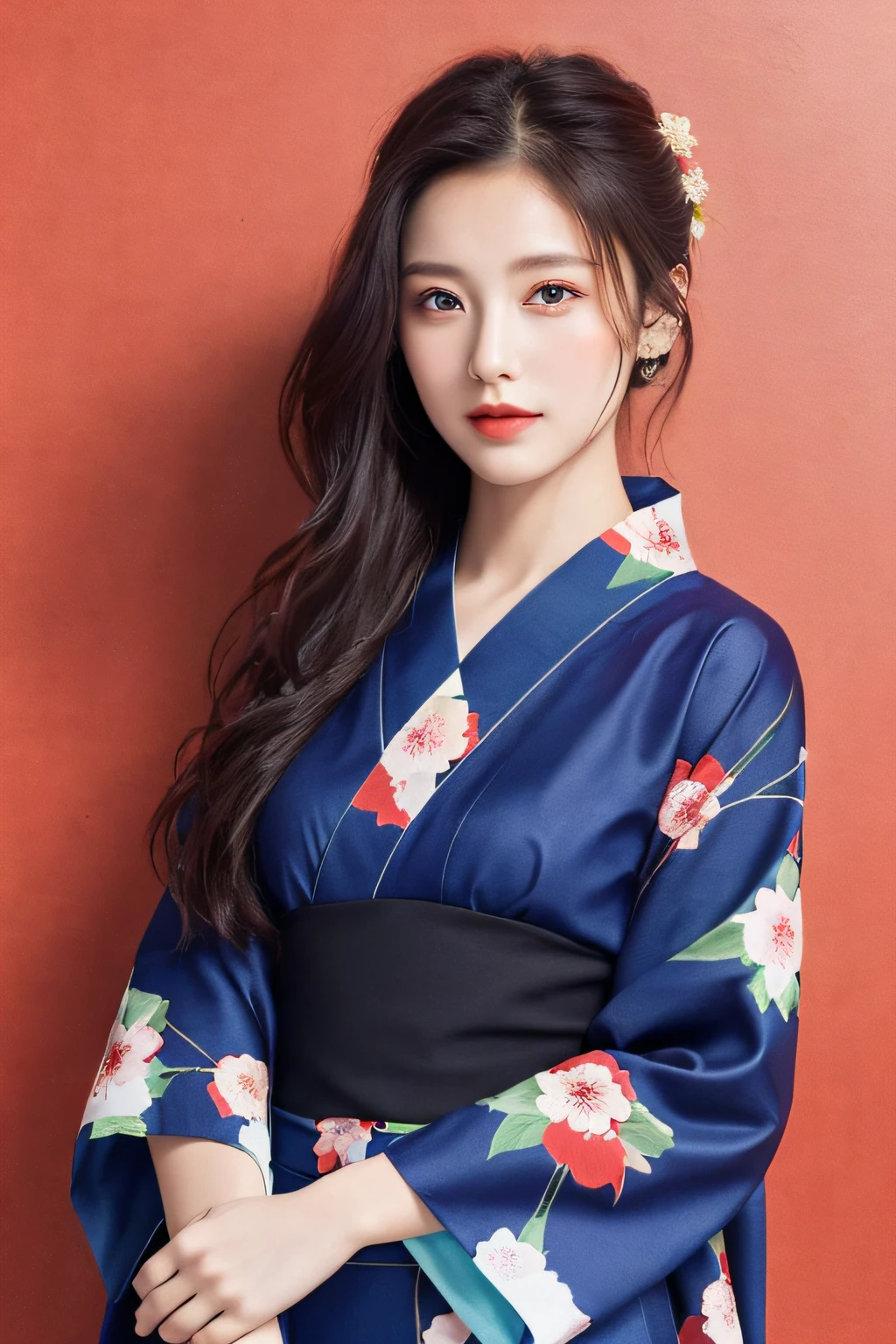 ((masterpiece, highest quality, super definition, high definition)), solo, beautiful girl, shining eyes, perfect eyes, beautiful sister in Japan, yukata with red floral pattern, summer festival background, high image quality, 4K.