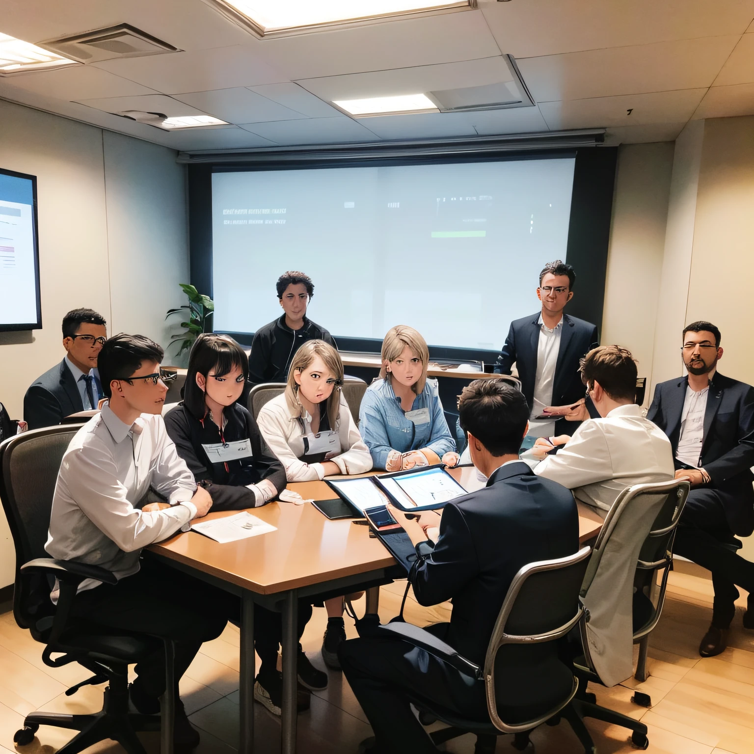 The best picture quality, in the conference room, a group of people sat around the conference table, surprised, looking at the camera, facial fine, delicate facial features