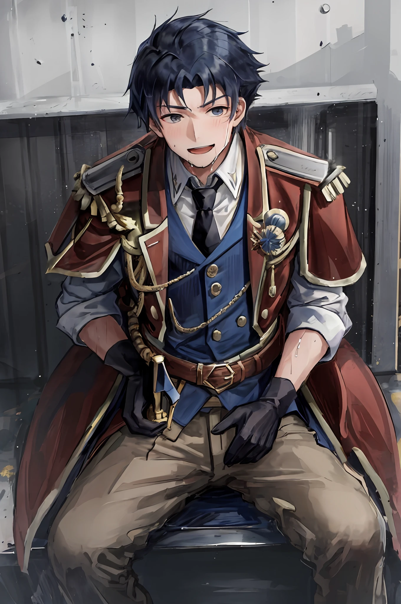 Hector Fey, soloist, looking at the audience, smiling, open mouth, sweating, drenching, wet, drooling, gloves, 1boy, sitting (straddling), male focus, crotch view, crotch close-up, tie, coat, from below, castle view