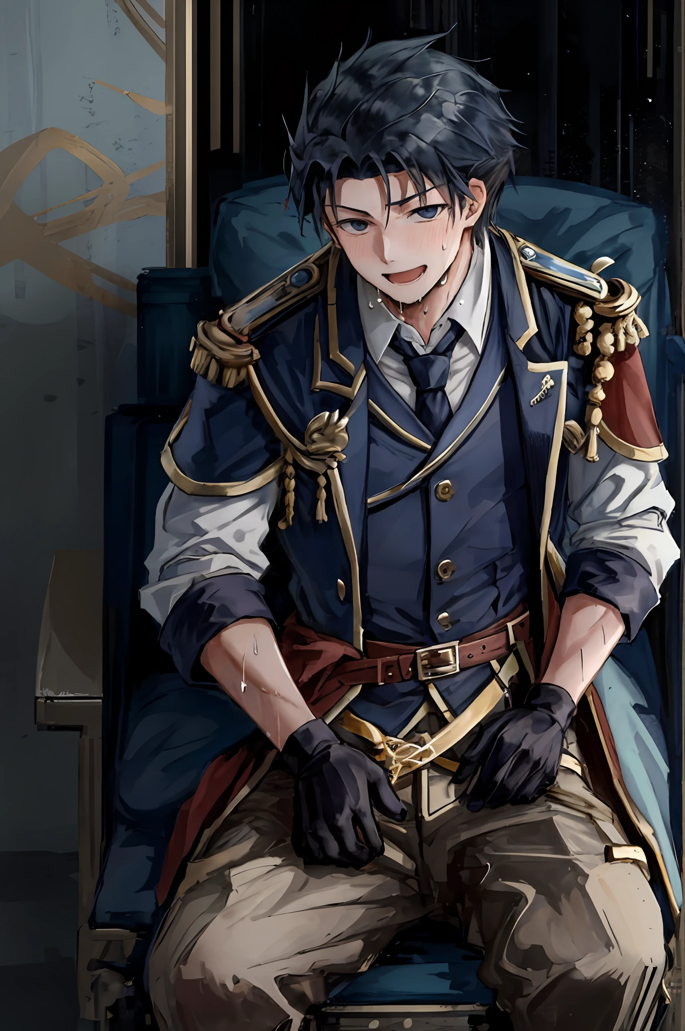Hector Fey, soloist, looking at the audience, smiling, open mouth, sweating, drenching, wet, drooling, gloves, 1boy, sitting (straddling), male focus, crotch view, crotch close-up, tie, coat, from below, castle view