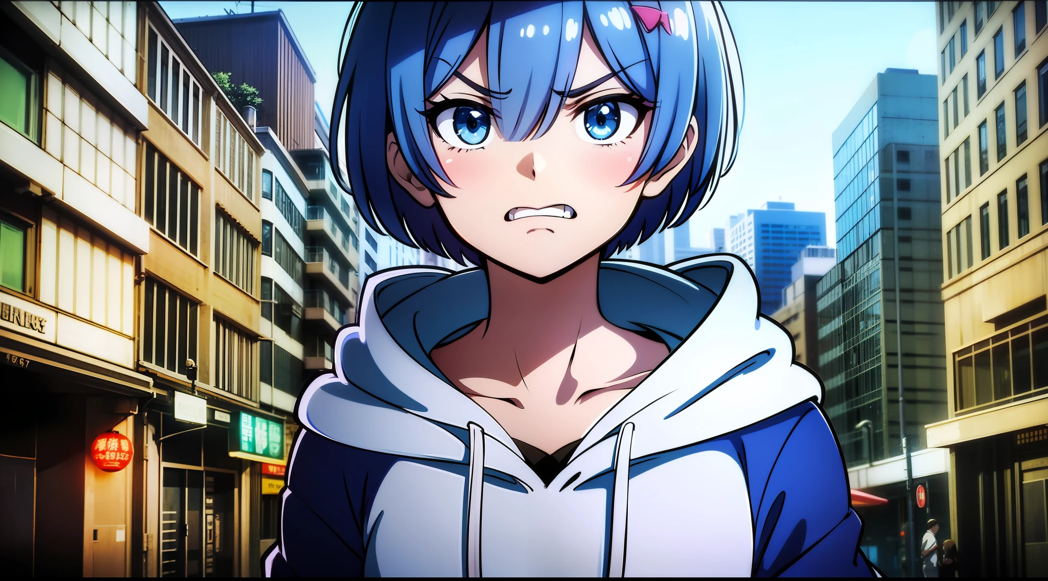 Masterpiece, rem rezero, short hair, blue eyes, angry face, blue hoodie, in the middle of the street, close up, portrait,