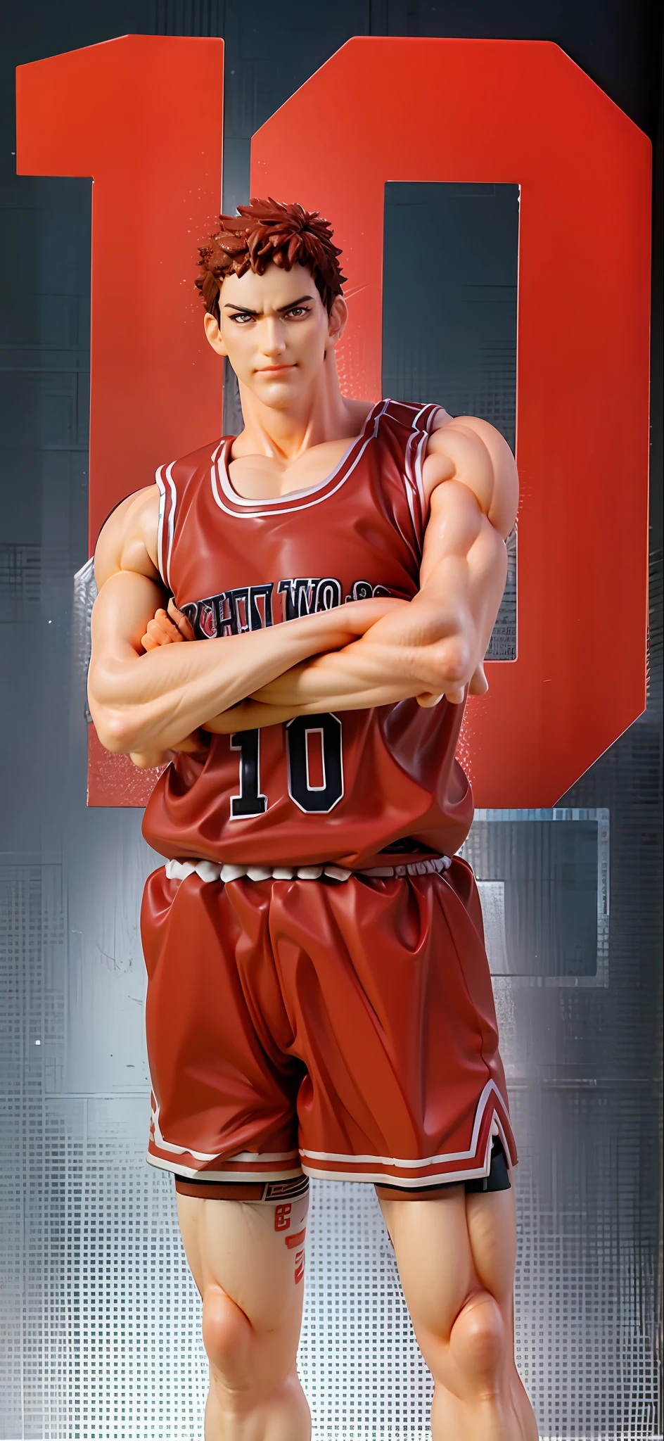 a close up of a cartoon of a basketball player with his arms crossed, akihiko yoshida!, kentaro miura manga style, kentaro miura manga art style, manga style of kentaro miura, naoki ikushima, inspired by Ryuzaburo Umehara, shigenori soejima illustration, akihiko yoshida 8 k