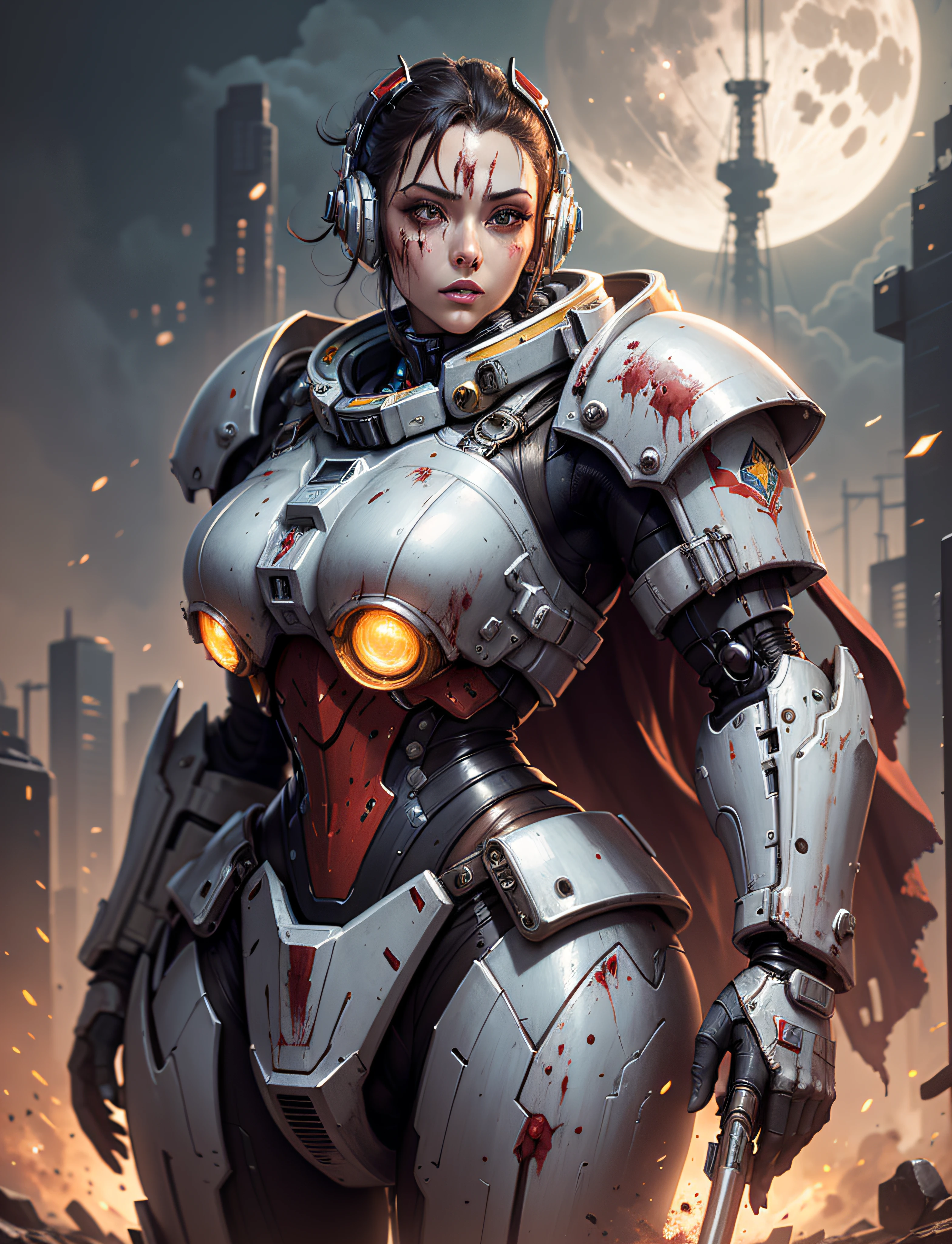 Space marine, harhammer 40,000, world at war, beautiful cyberpunk woman with very detailed mecha treatment, vibrant colors, metallic red, dirty with blood, with sky with clouds and full moon and battleships, whole body with detailed armor, bloody battlefield,