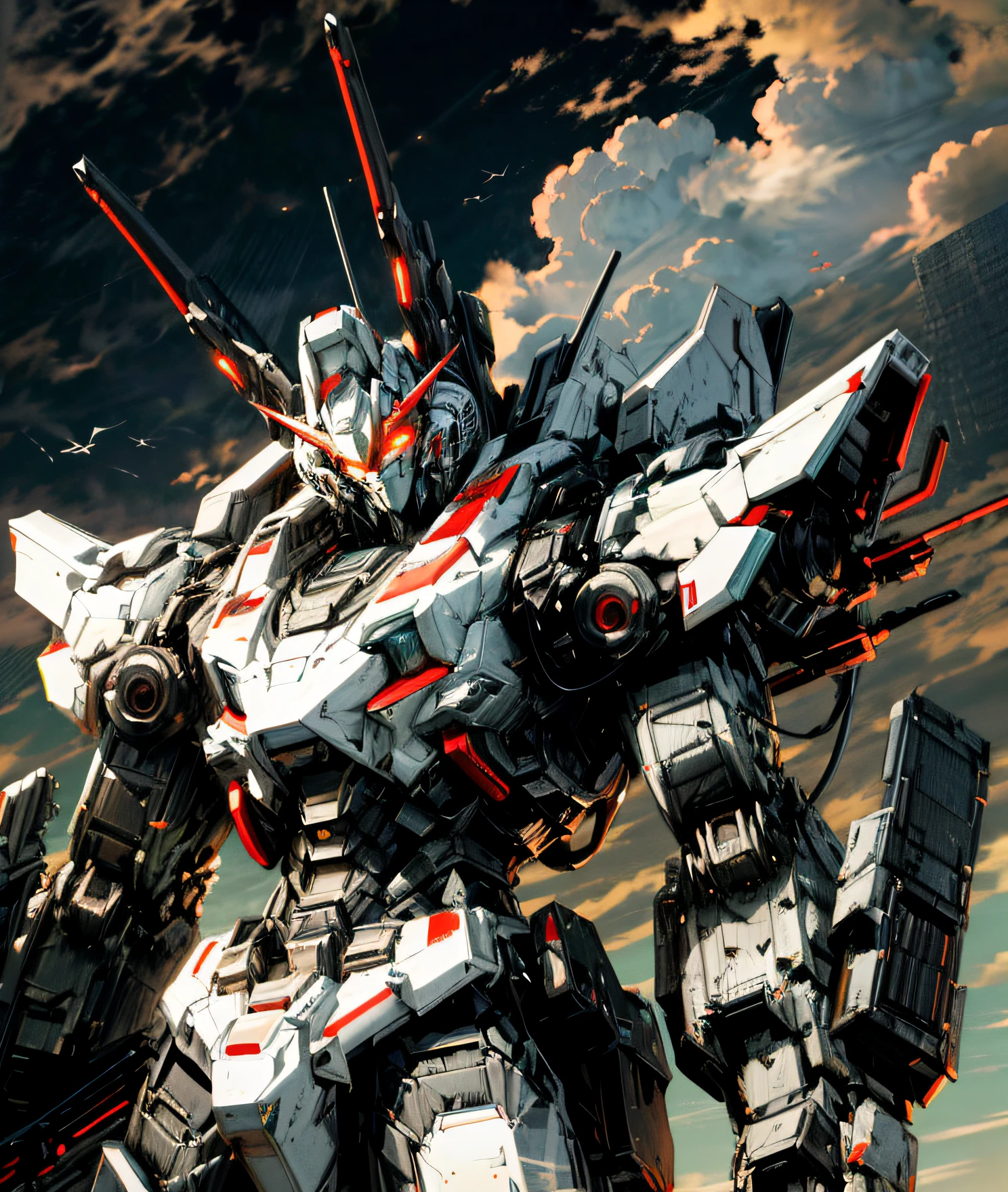 masterpiece, best quality, sky, clouds, holding_weapon, glow, robot, building, glowing_eyes, mecha, science_fiction, city, reality, mecha, red, full body, looking into the distance, high resolution, super detailed, realistic textures, bold textures, crazy textures,