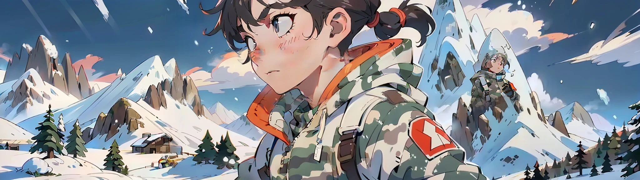 "(Ultra High Definition), (Ultra High Definition), (Superb Masterpiece), (Wearing Grey Camouflage Jumpsuits), (Young Men: 1.3), ((Scenery) Snowy Mountain Top, Snowstorm), Bust Shot"