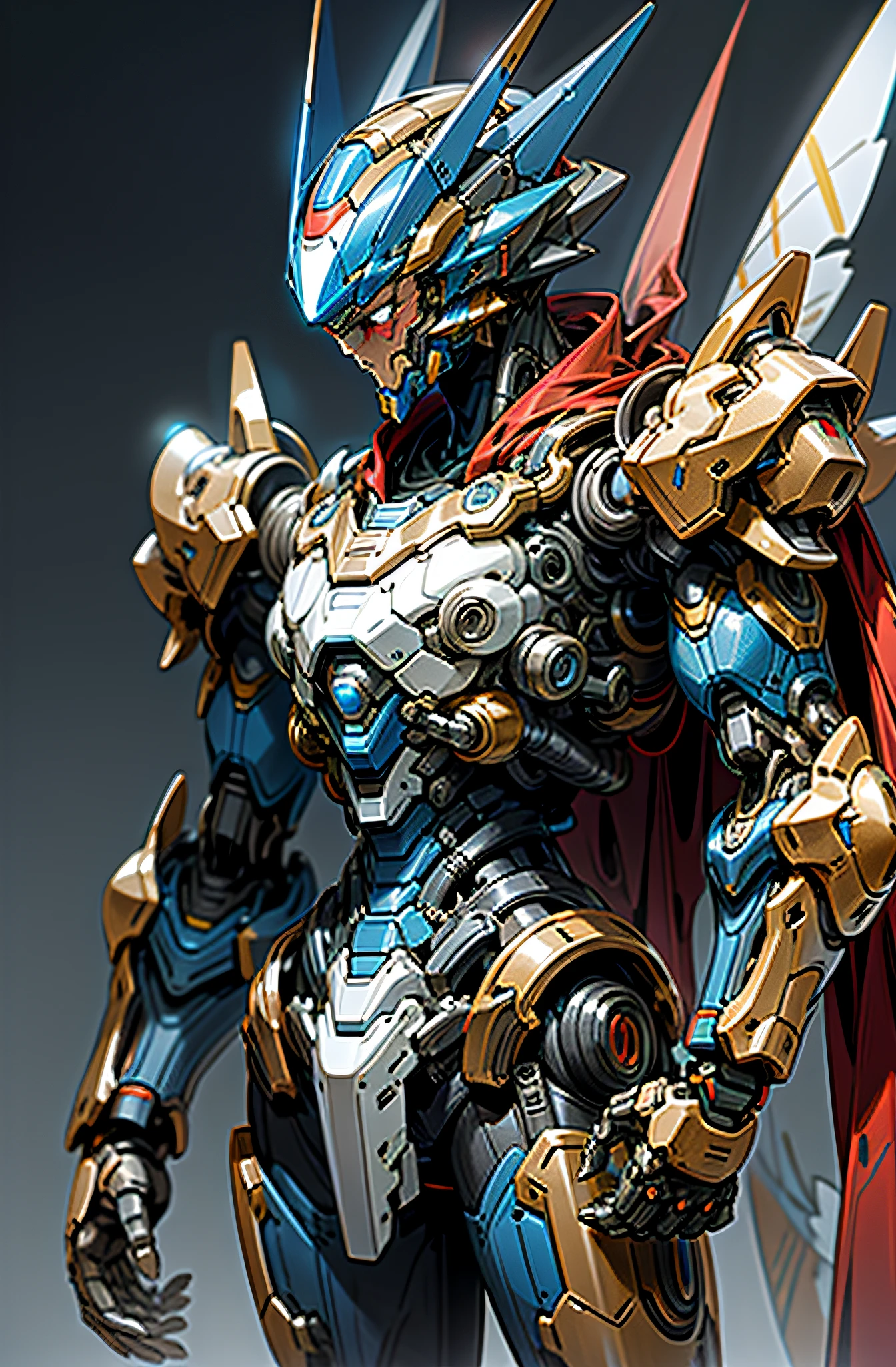 mechanical, cyberpunk, (Megaman X, Blue armor, fluttering red cape, helmet, : 1.1), 1man, mechanical wonder, robotic presence, cybernetic guardian, booster,