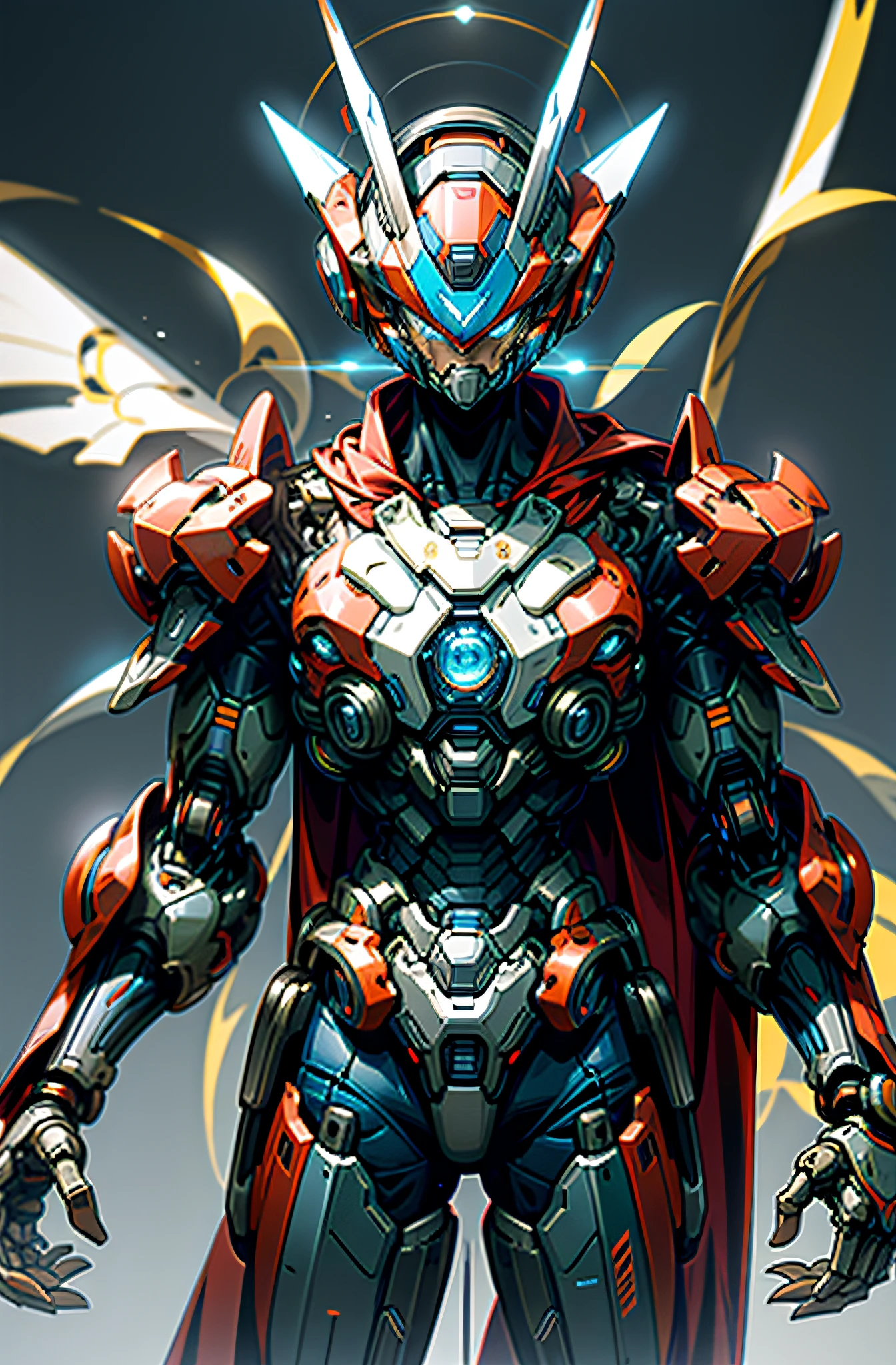 mechanical, cyberpunk, (Megaman X, Blue armor, fluttering red cape, helmet, : 1.1), 1man, mechanical wonder, robotic presence, cybernetic guardian, booster,