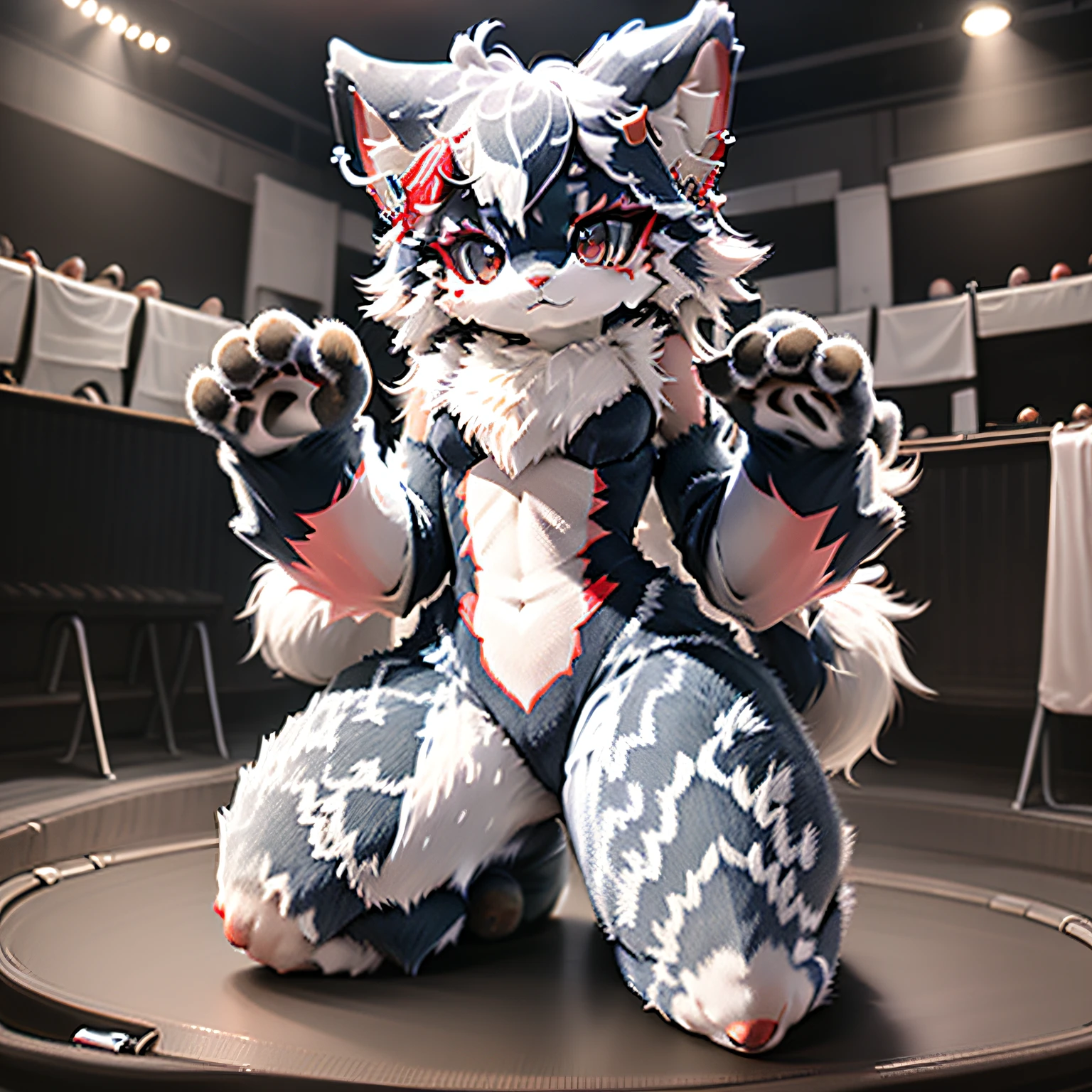 Standing, fluffy, furry! , upper body, looking at the audience, animal focus, furry, animal costume, cute, kawaii, cute, fur, fur head, narrow waist, animal ears, paws, paw shoes, minor, shota, kneeling, hands behind you,