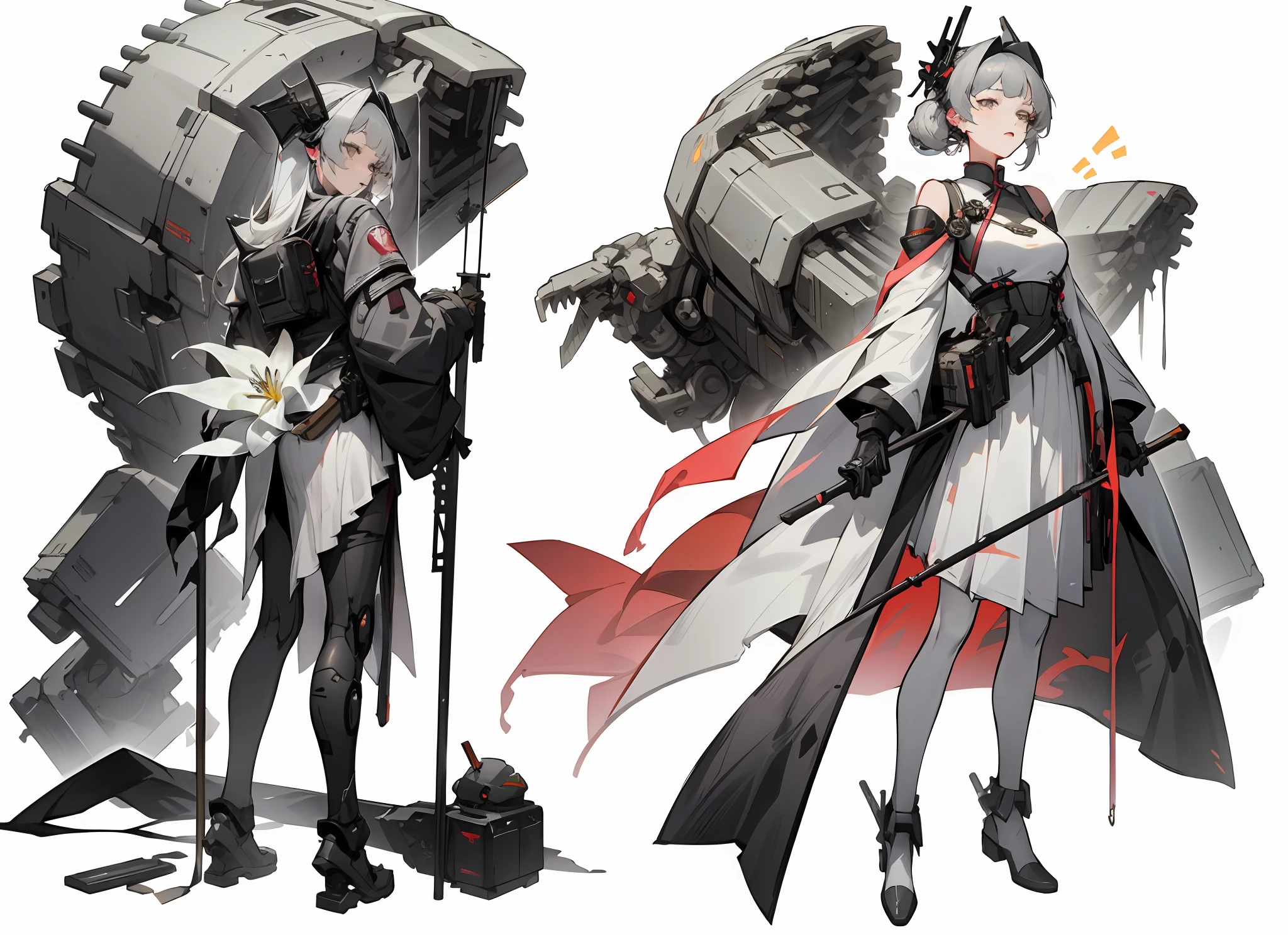 A full-body close-up of wearing a lily element white dress pleated long skirt battle suit holding a long mechanical staff in both hands, character design, sides, back, mechanical legs, high-grade off-white as the main color, Punishing: Gray Raven, from Ark Night, Guvitz, from Punishing: Gray Raven, Girl Frontline style, Girls Frontline universe, inspired by Leng Mei, Kusart Krenz key art feminization, 7.5 head body, mechanical prosthetics, celluloid coloring style, white background, weaken coloring effect,