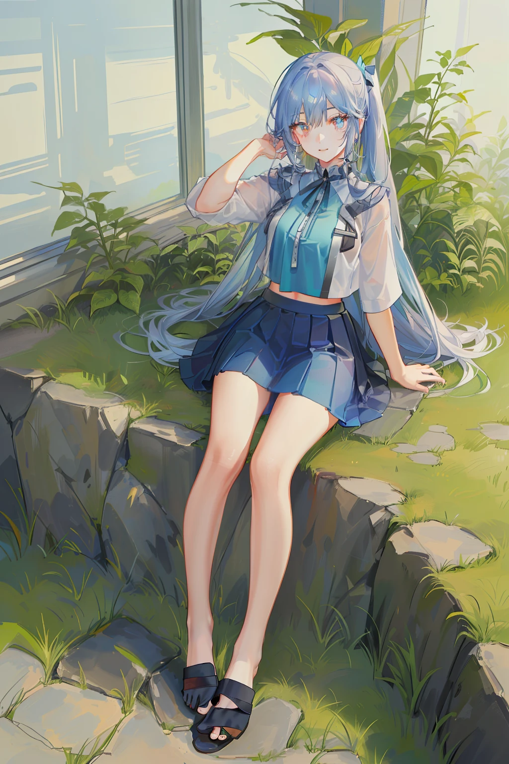 8k, blue crop top with bare feet, barefoot, barefoot, barefoot, center of foot, close-up of the soles of the foot, girly, double ponytail, heterochromic pupils, short skirt