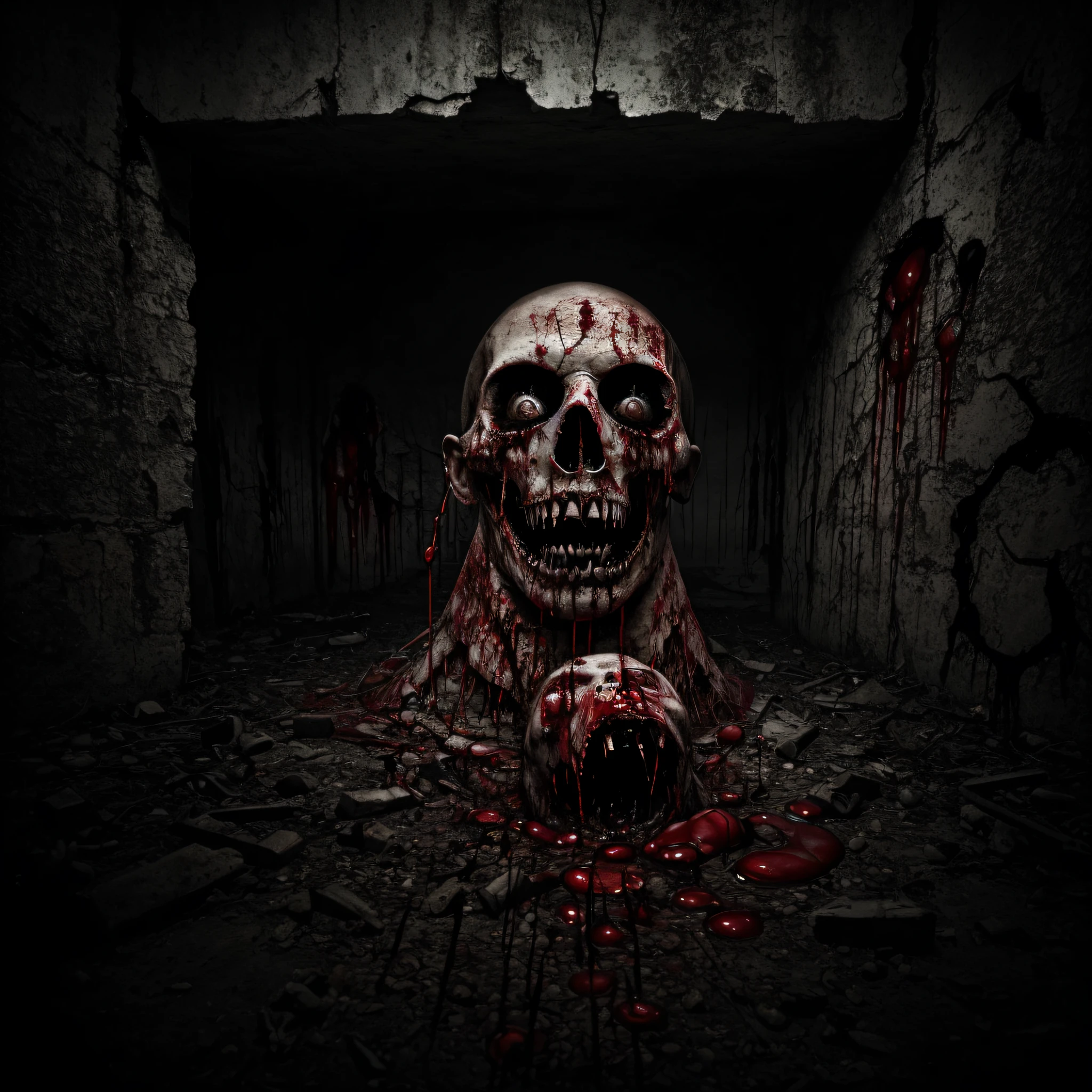 A terrifying image of a bloody nightmare that provokes discomfort and disgust. Disturbing and grotesque scenes with a profusion of blood, disfigured bodies and shocking mutilations dominate a composition. The environment is filled with darkness, eerie shadows, and an atmosphere of intense dread, creating a visually disturbing and chilling experience.