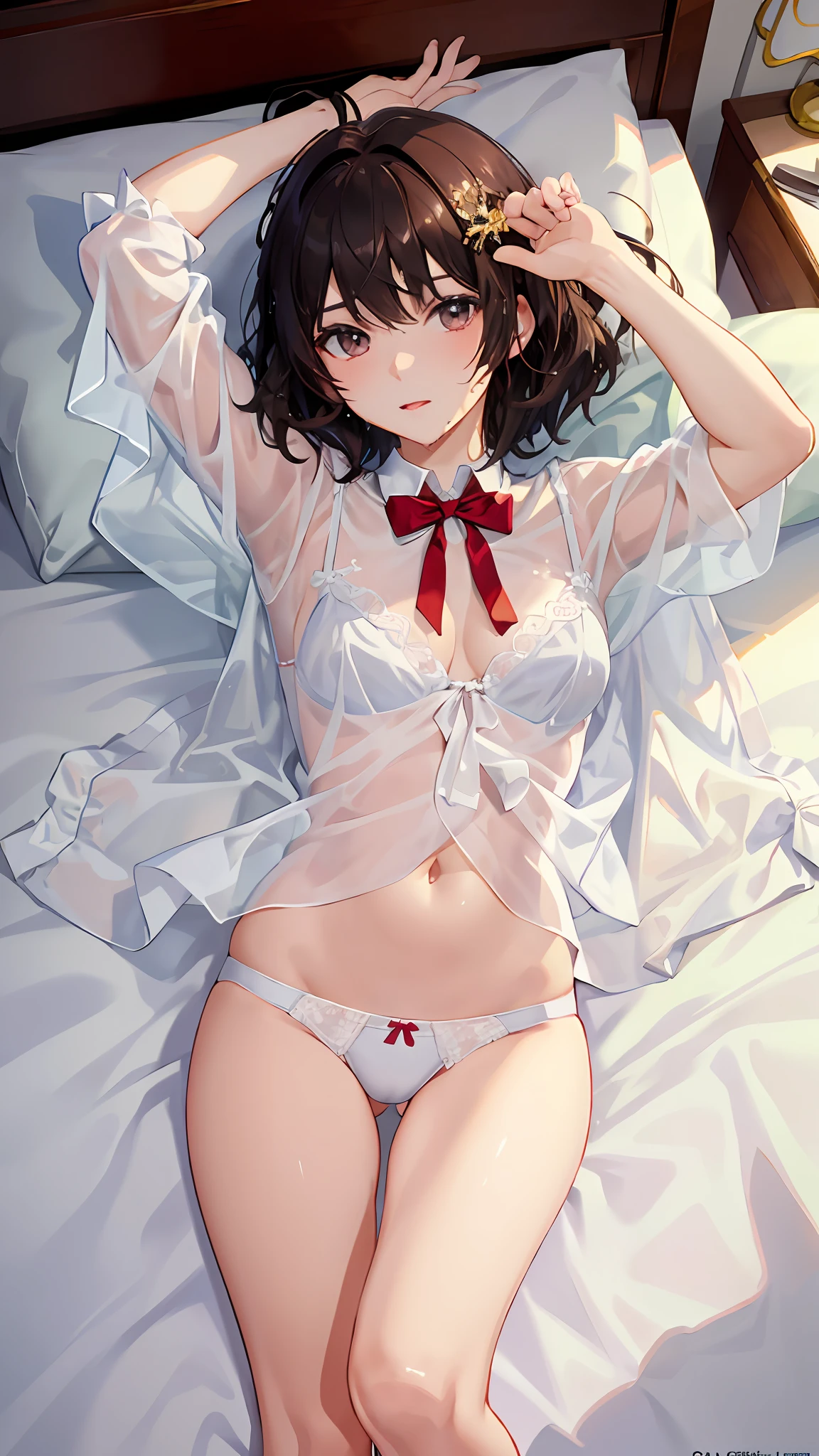 "(Masterpiece), best quality, anime style, effeminate, on the bed, tied with ribbon,(1 trap:1.2), wet white blouse, panties showing package:1.3), dark hair, light skin, raised arms, sfw, sensual, ecchi,"."