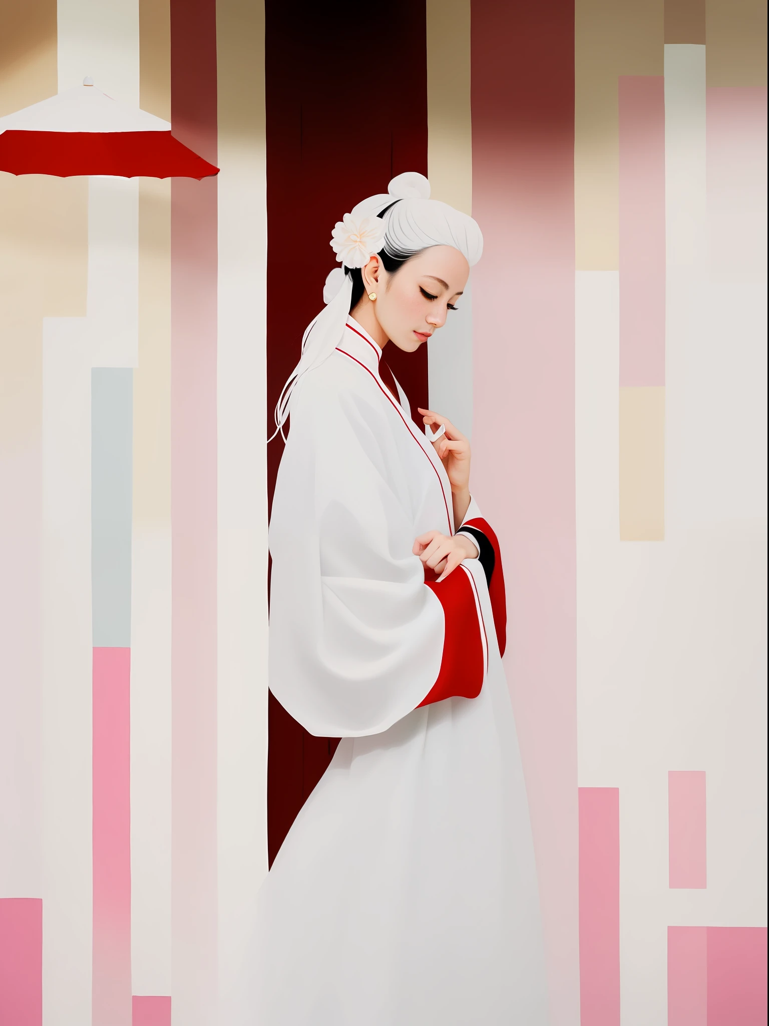 A beautiful woman in white,With Eastern elements,Antique style,Pastel,First-person view,white and red tones,fantasy,white hair,minimalist outfit,Gongbi painting,Dhyana,silk,zen architecture,bright
