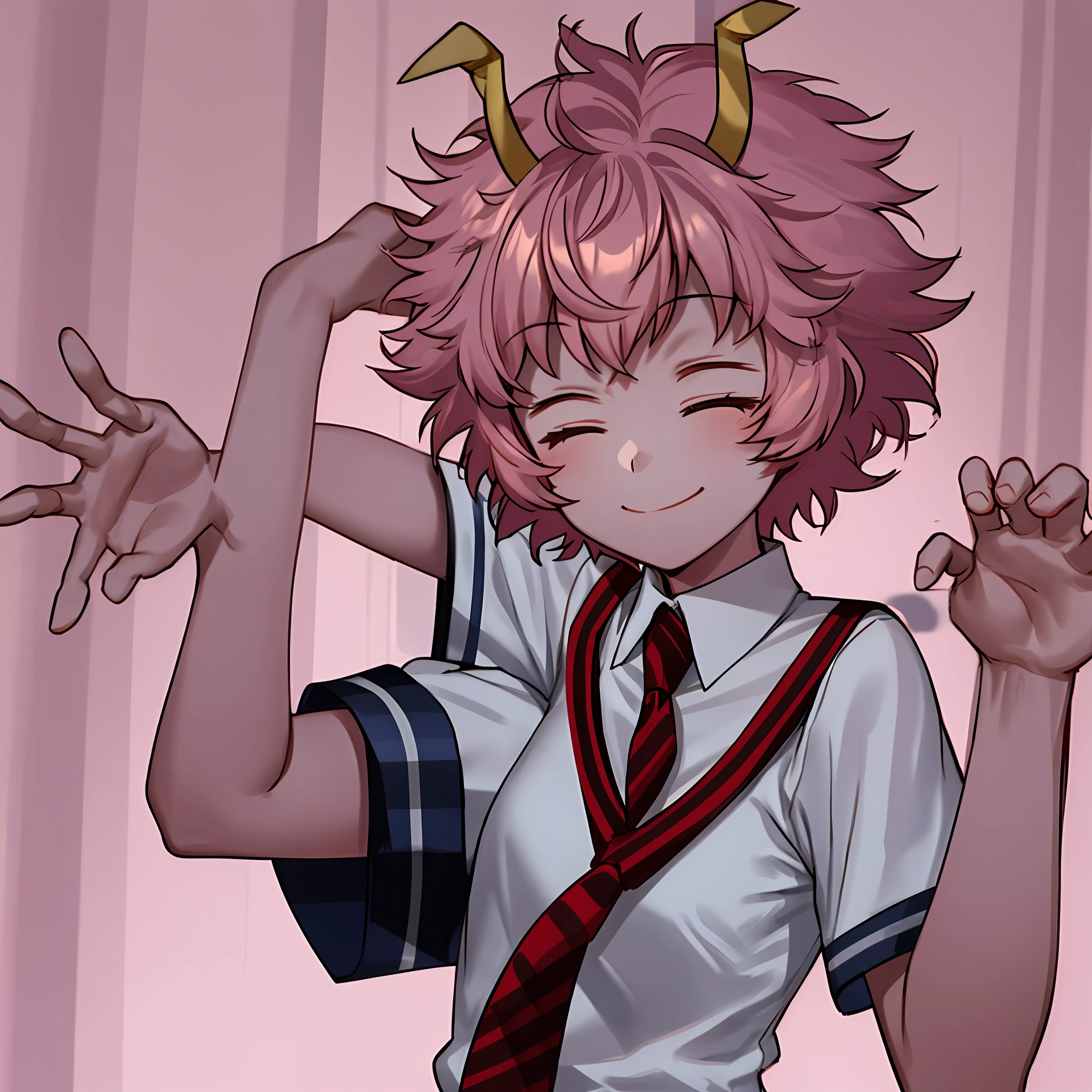 mina ashido, 1girl, solo, smile, short hair, shirt, closed mouth, school uniform, closed eyes, white shirt, upper body, pink hair, short sleeves, necktie, horns, collared shirt, star (symbol), arms up, ^_^, colored skin, pink background, red necktie, striped background, pink skin, u.a. school uniform