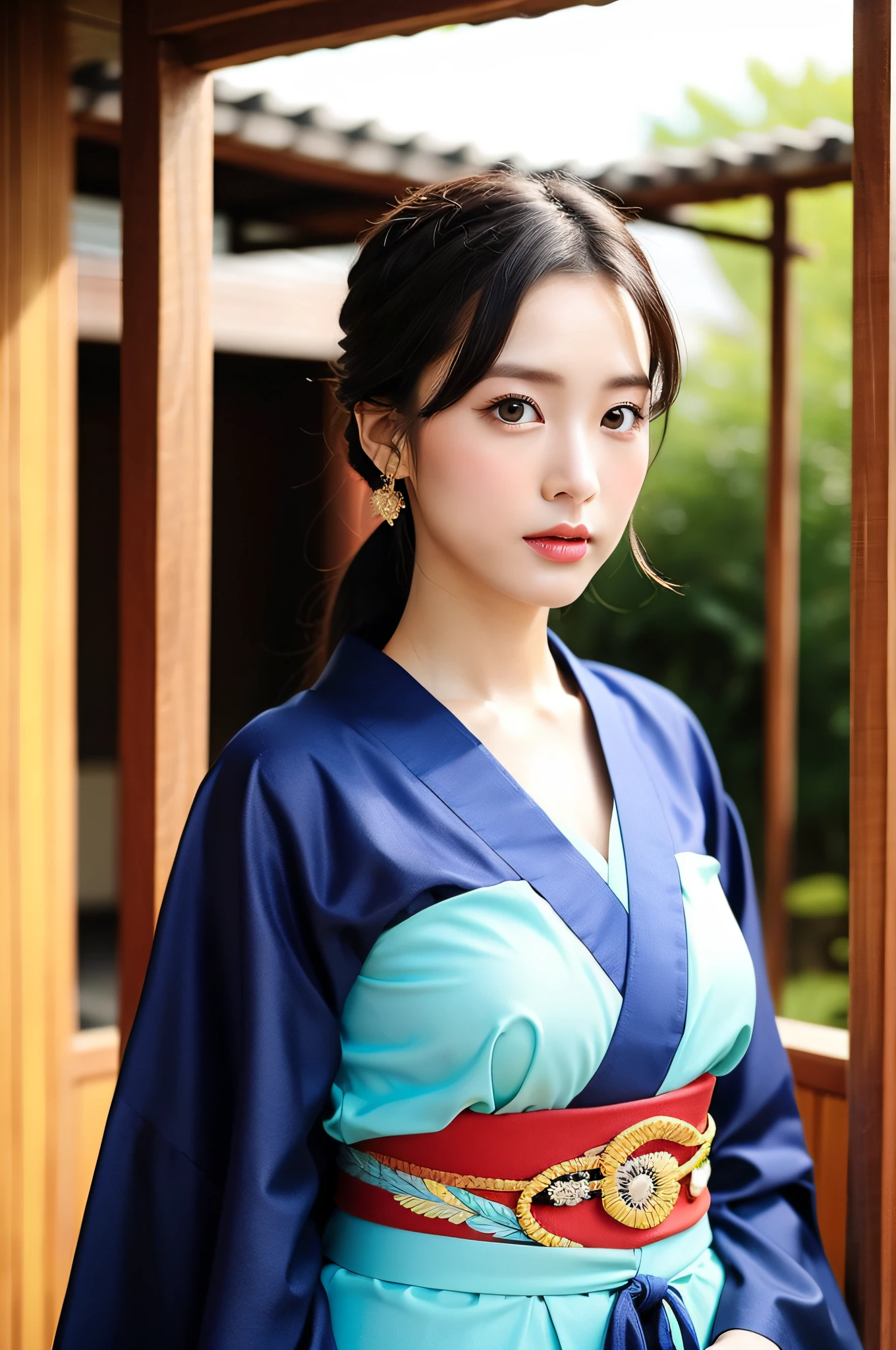 ((Best Quality, 8K, Masterpiece: 1.3)), Sharp Focus: 1.2, (Super Beautiful Face: 1.0), (Slender Abs Beauty: 1.0), (Shiny Skin: 1.0), Realistic Photography, Black Hair, Realistic Pupils, Video Lighting, High Definition Eyes and Face, Video Lighting, (Cowboy Shot: 1.3), (Kimono, Hakama, Obi: 1.4), (Korean Cute Actress), Traditional Kimono, Front Off, Big