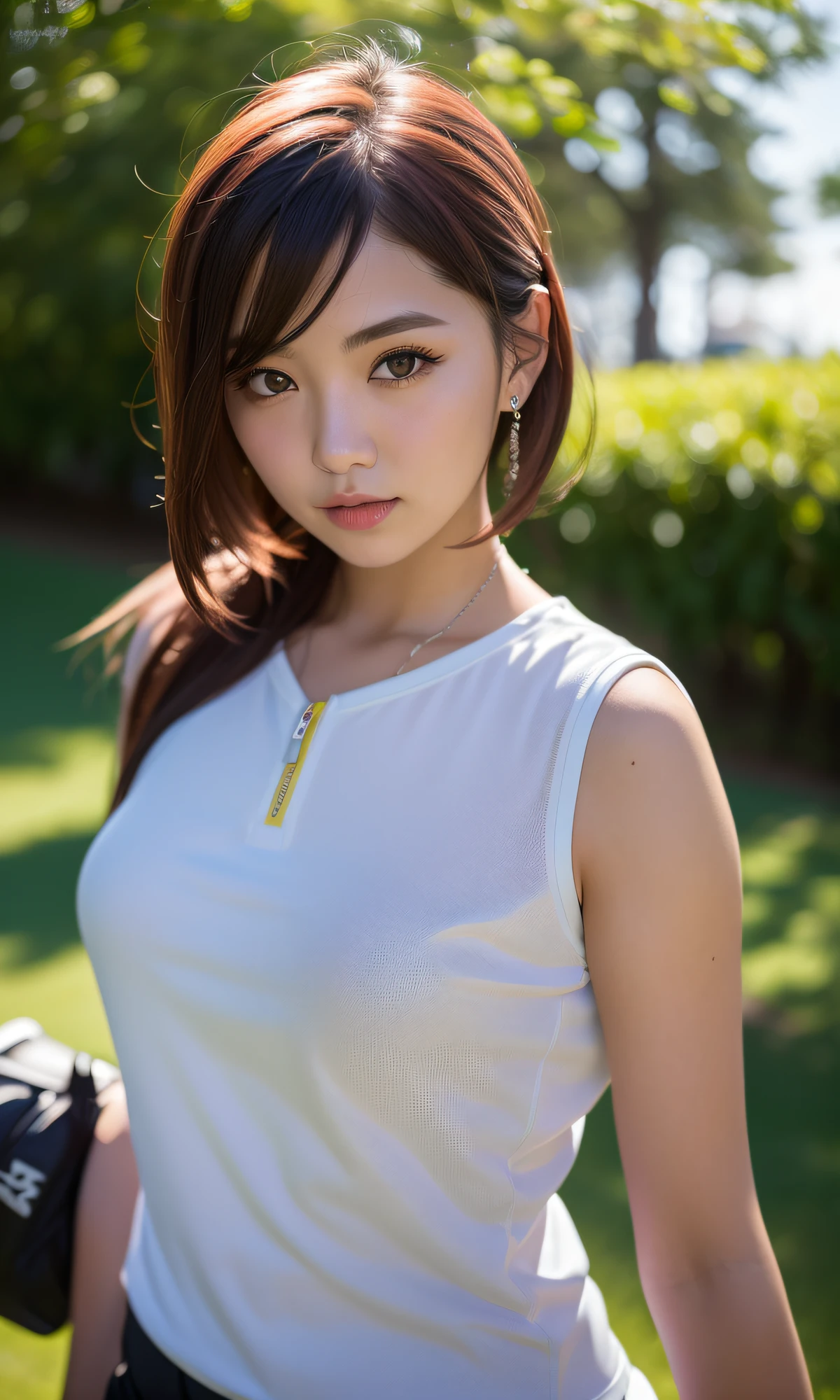 (8k, RAW Photography, Best Quality, Masterpiece: 1.2), (Realistic, Photorealistic: 1.37), 20 Year Old Female, Best Quality, Ultra High Resolution, NFSW Backlight, Light Leakage, Dynamic Lighting, (pureerosface_v1:1), Sunny Golf Course, Japan Idol, (Beautiful Detailed Eyes: 1), (Beautiful Detail Face: 1), (Free Buff: 1.2), Golf Wear, ulzzang-6500, 1 girl, standing, upper body,,, from the front, front view, looking at the viewer,