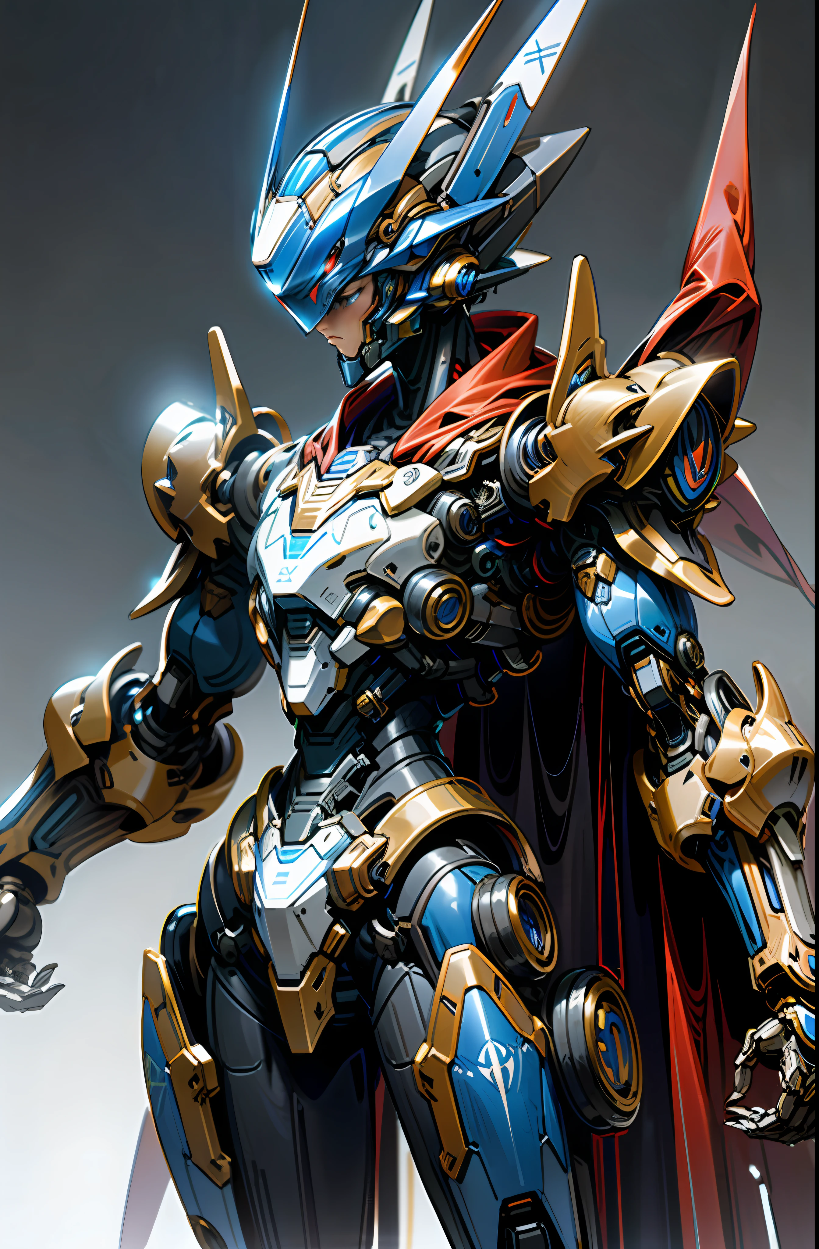 mechanical, cyberpunk, (Megaman X, Blue armor, fluttering red cape, helmet, : 1.1), 1man, mechanical wonder, robotic presence, cybernetic guardian, booster,