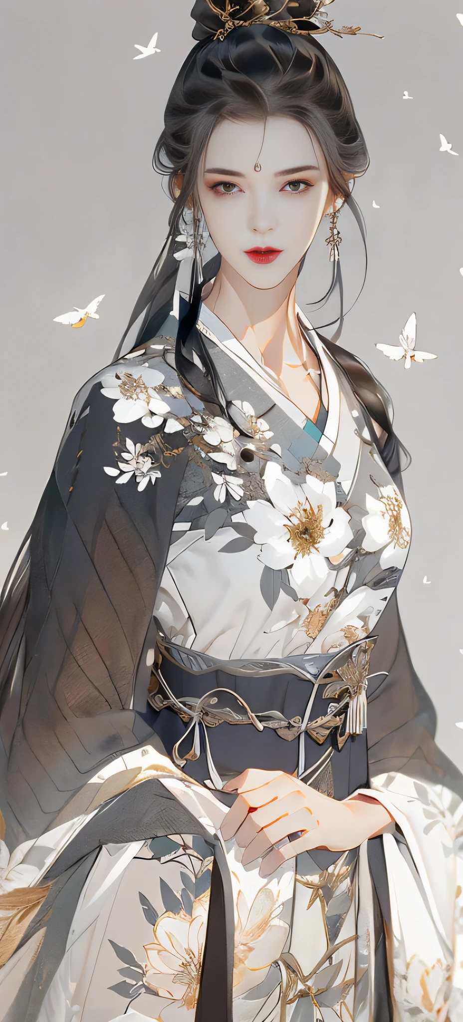 beautiful details for girls, very detailed eyes and faces, beautiful eye details, super detailed, high resolution, very detailed, best quality, illustrations, amazing, exquisite details with gray hair, best quality, very detailed CG, 8k wallpaper, a woman, woods, long black hair, ponytail, hanfu girl, flowers