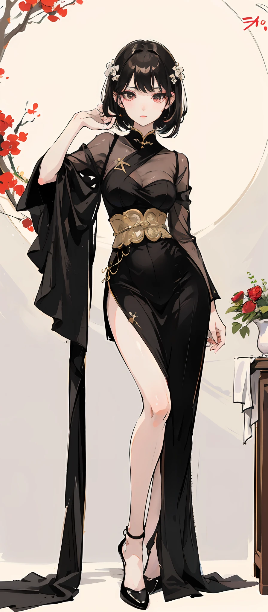 Masterpiece, Superb 1 Woman, Shirt, Fishtail Skirt, Ink Painting, Mature Woman, Black Woman with Short Hair, Hair Over Shoulder, Pale Pink Lips, Indifference, Seriousness, Bangs, Assassin, White, Facial Details, Correct Proportions, This painting was created in the Guweiz style and depicts an oil painting of a woman with short hair. The entire painting features a palette of white and black. The woman's face is very realistic female faces, which are loved by the audience. Presented in a meticulous drawing style. The women's black hair is like ink, their eyes seem to be full of watery red eyes, exuding a mysterious atmosphere, the women are dressed in elegant and exquisite clothing, and the whole painting shows a high degree of skill.