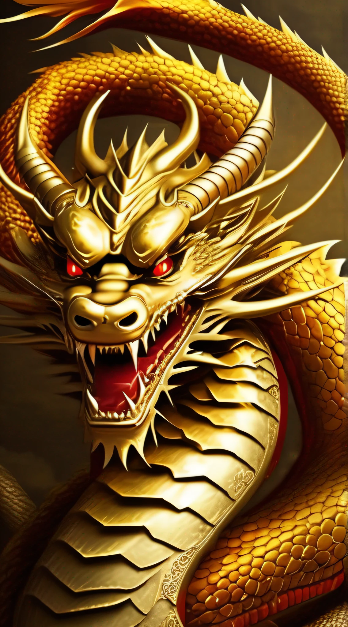 A golden Chinese dragon, mighty and domineering, five-clawed golden dragon, slender dragon whiskers, red eyes glowing with sharp dragon teeth, perfect close-up of the dragon head, coiled dragon, front face centered, full body golden dragon scales, flying dragon in the sky, full body photo, far view, complex details, super fine picture, super realistic, 8K,